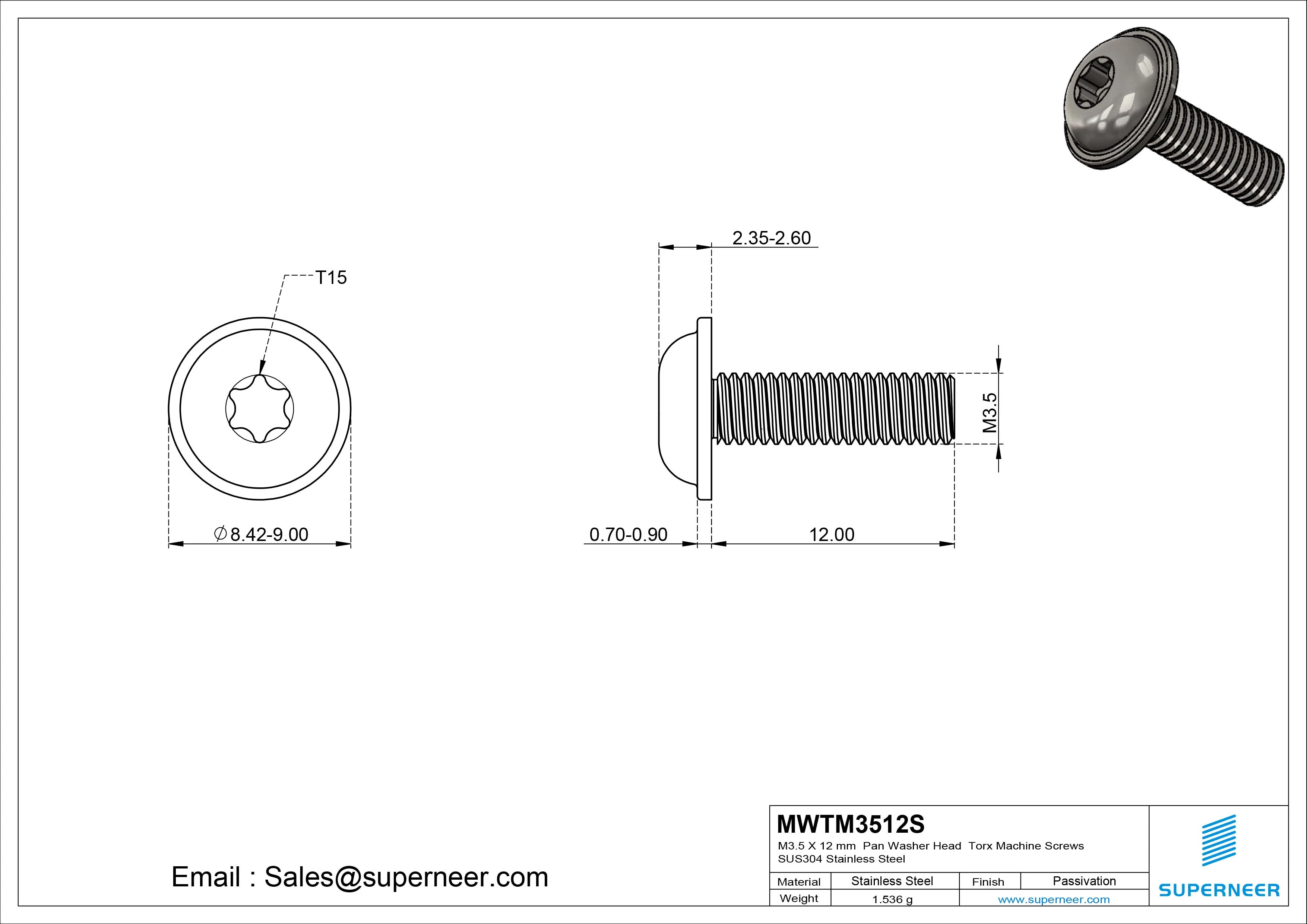 M3.5 x 12 mm Pan Washer Head Torx Machine Screws SUS304 Stainless Steel Inox 