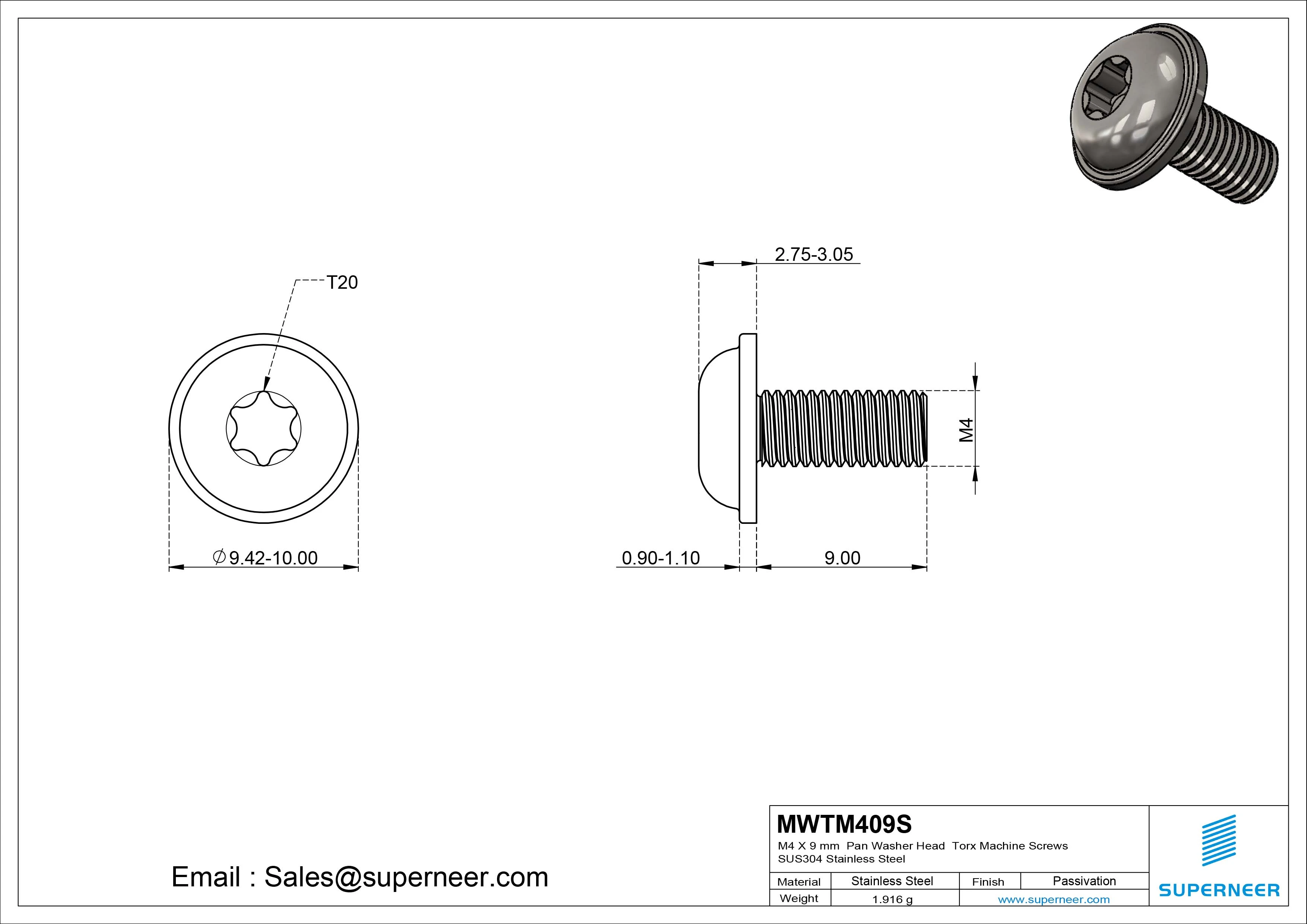 M4 x 9 mm Pan Washer Head Torx Machine Screws SUS304 Stainless Steel Inox 