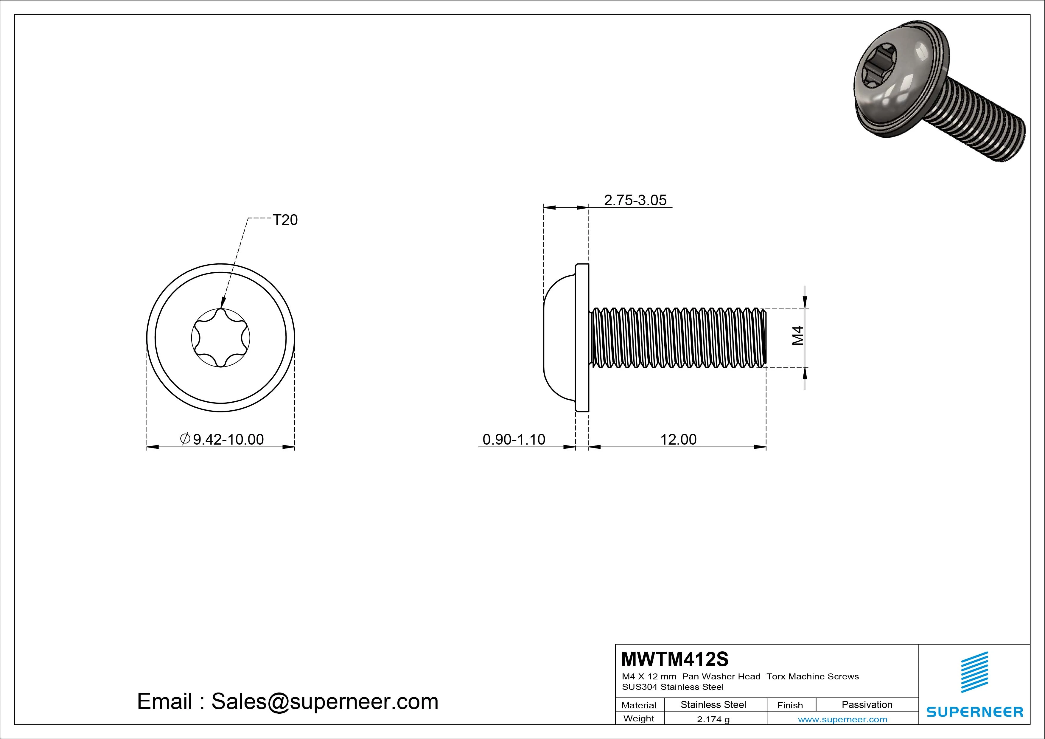 M4 x 12 mm Pan Washer Head Torx Machine Screws SUS304 Stainless Steel Inox 