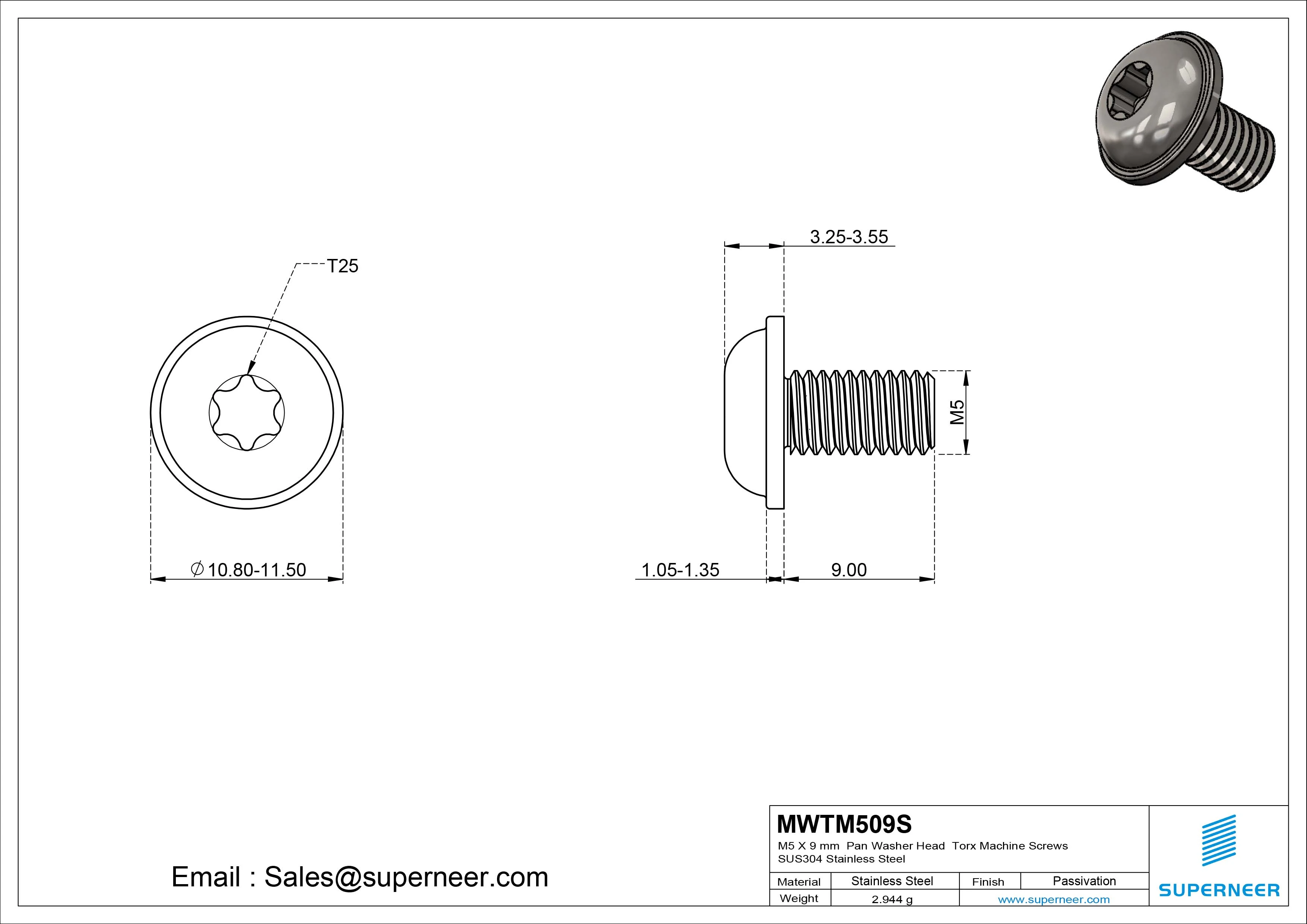 M5 x 9 mm Pan Washer Head Torx Machine Screws SUS304 Stainless Steel Inox 