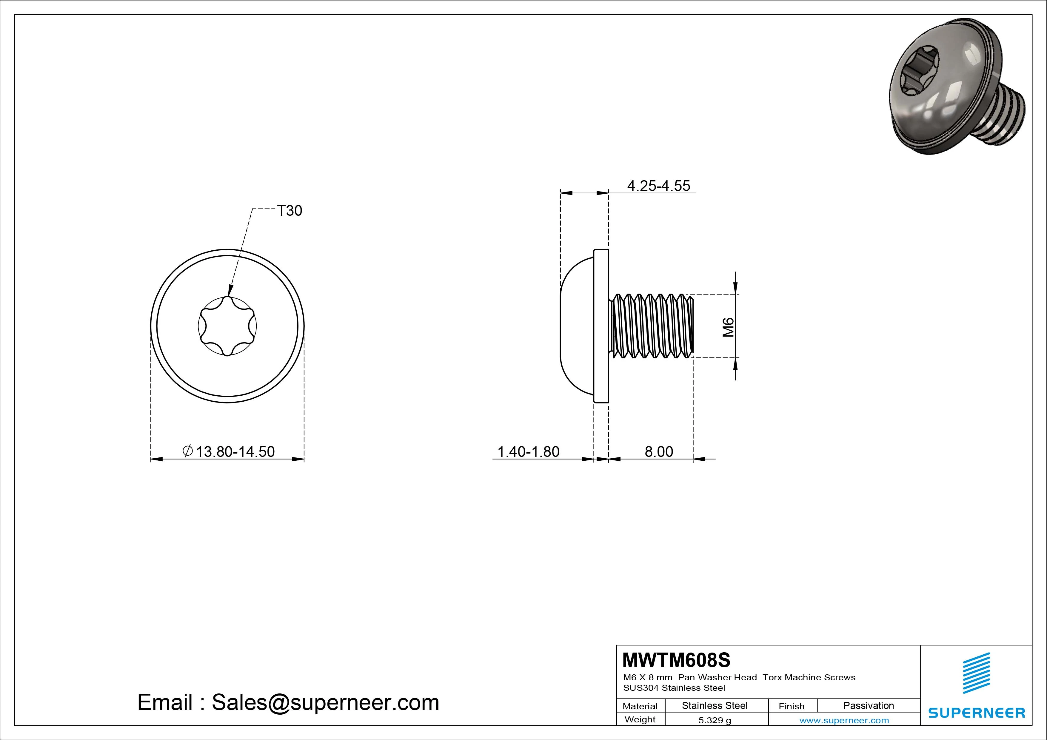 M6 x 8 mm Pan Washer Head Torx Machine Screws SUS304 Stainless Steel Inox 