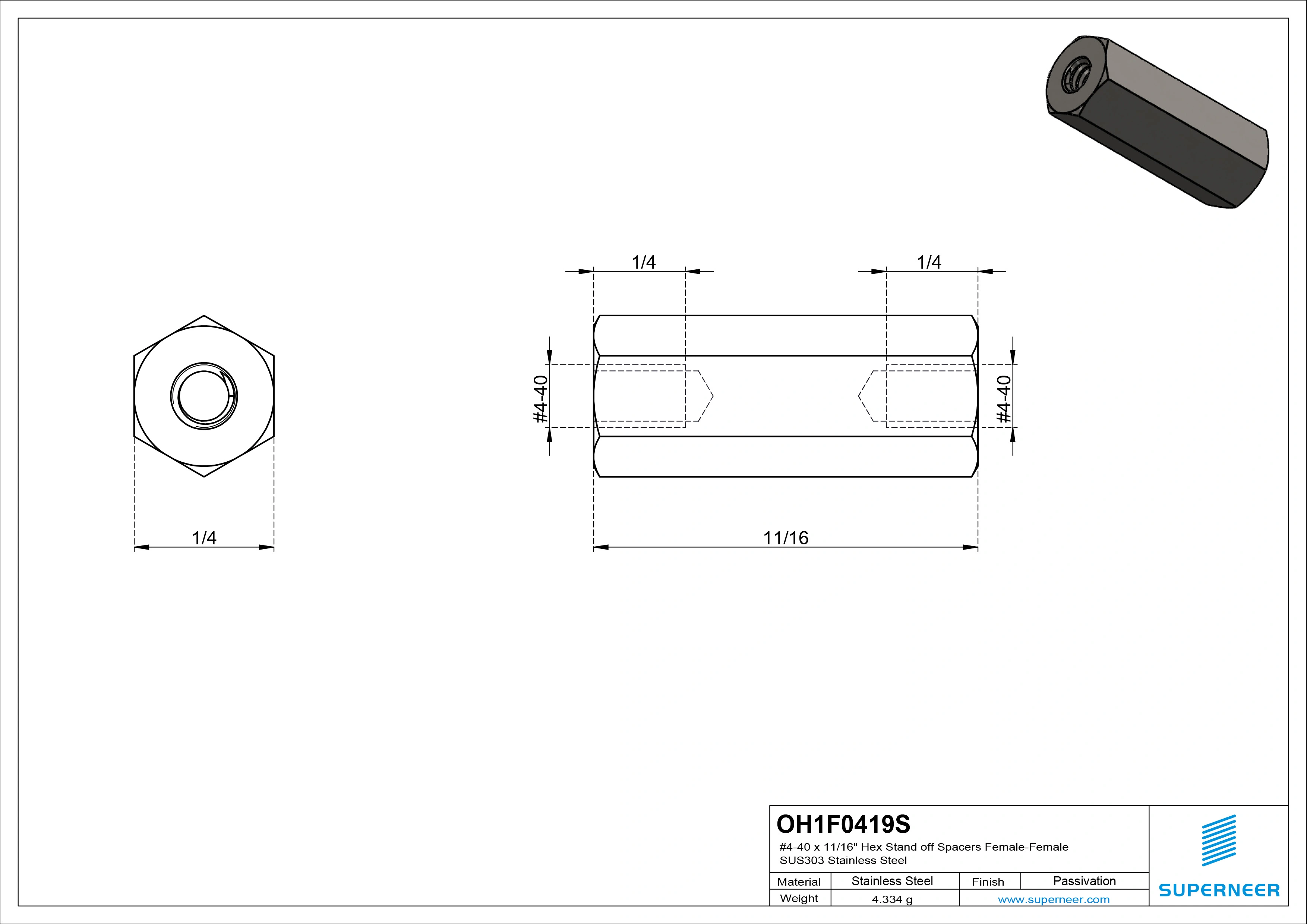 4-40 x 11/16" Hex Stand off Spacers Female-Female SUS303 Stainless Steel Inox 