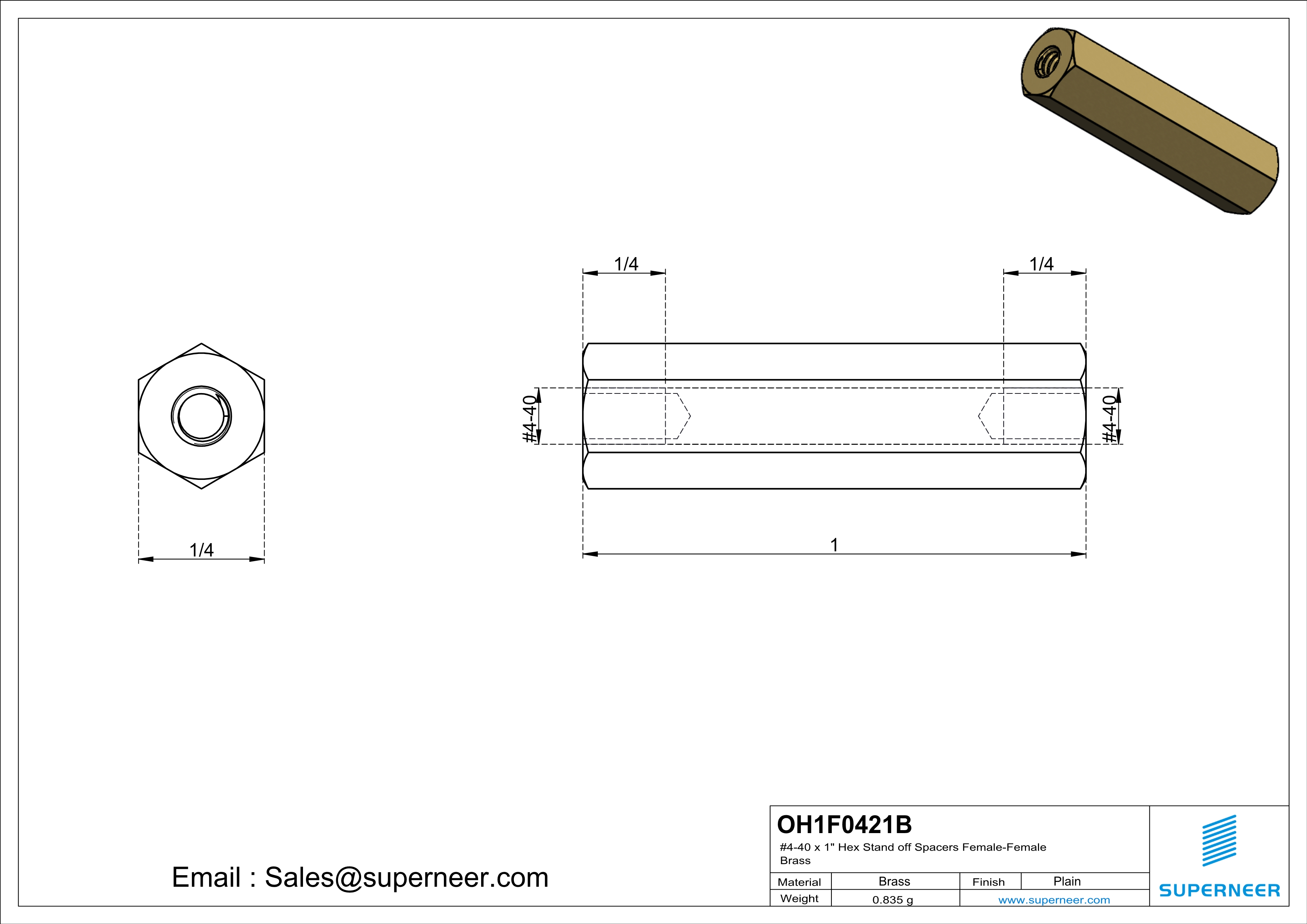 4-40 x 1" Hex Stand off Spacers Female-Female Brass  