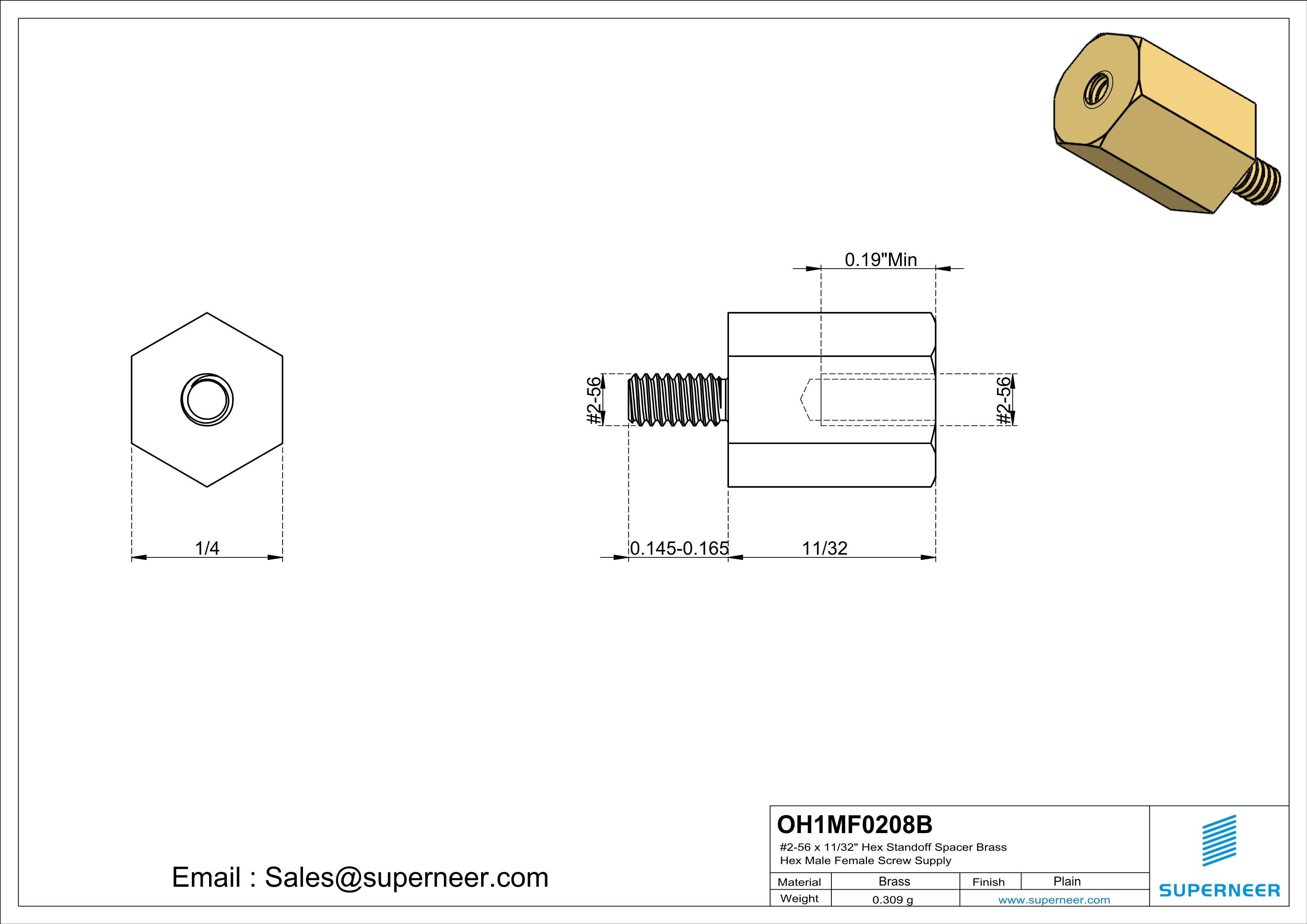 2-56 x 11/32" Hex Standoff Spacer Brass Hex Male Female Screw Supply