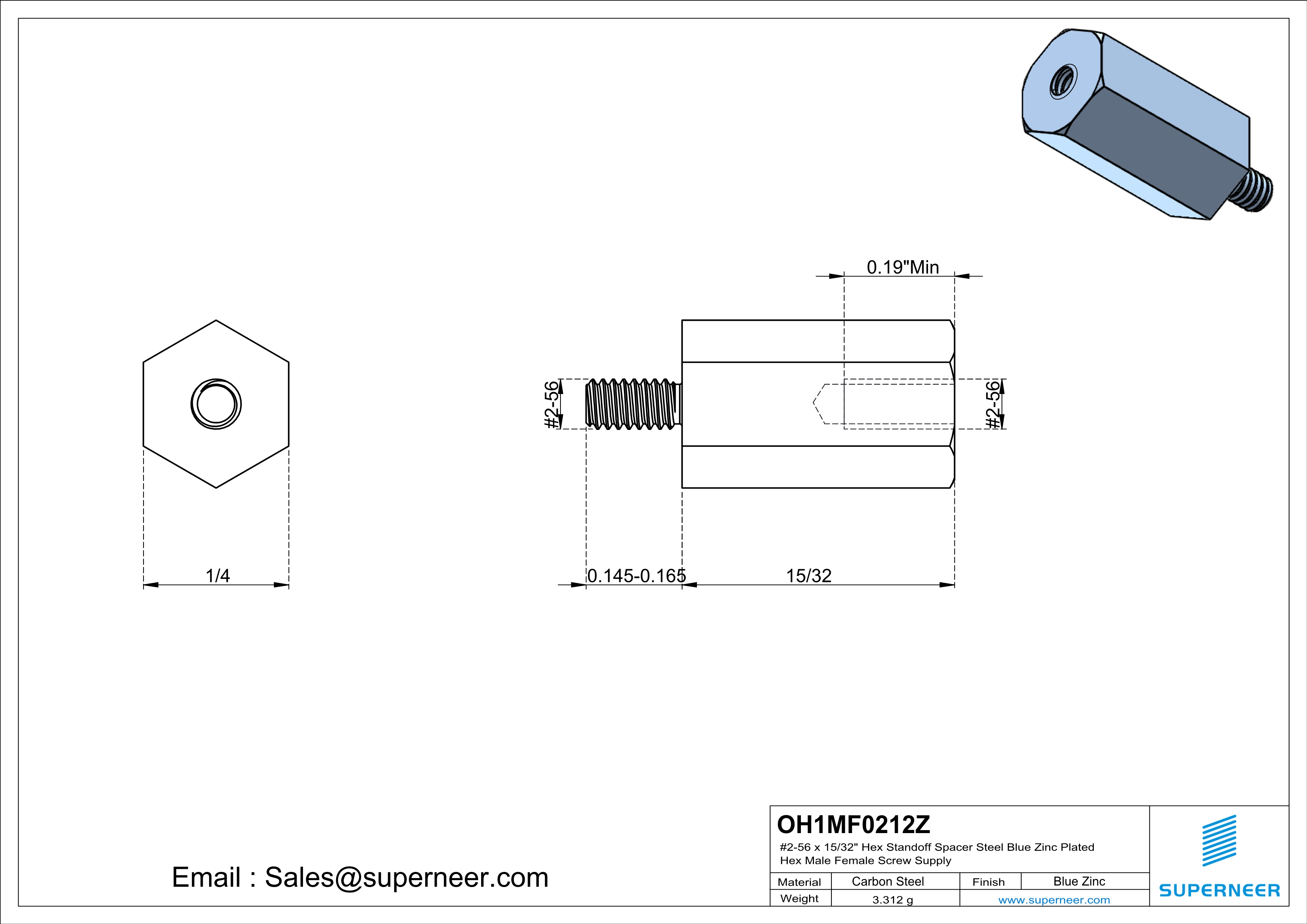 2-56 x 15/32" Hex Standoff Spacer Steel Blue Zinc Plated Hex Male Female Screw Supply