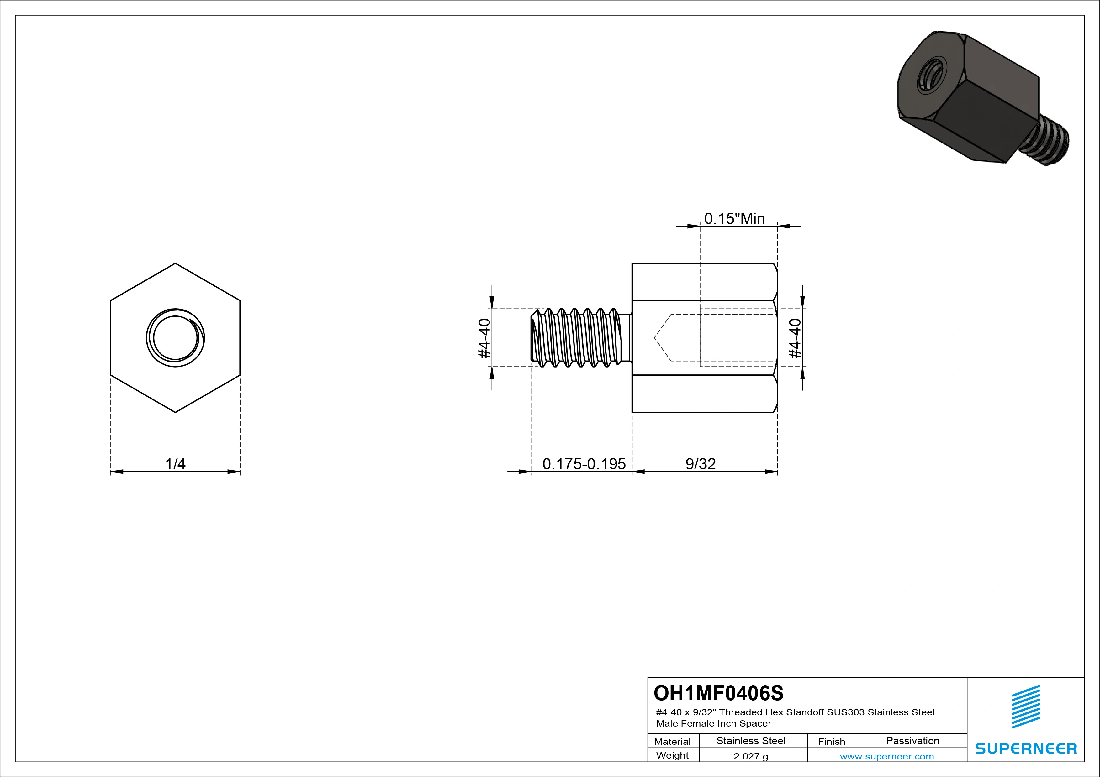 4-40 x 9/32" Threaded Hex Standoff SUS303 Stainless Steel Inox Male Female Inch Spacer 