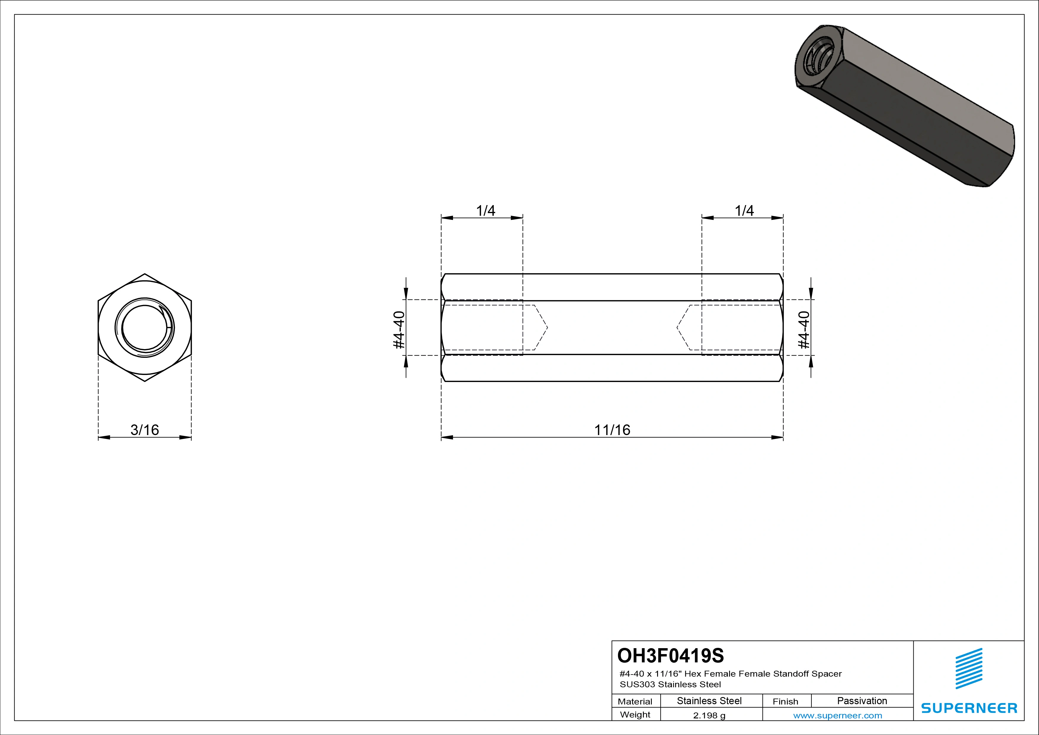 4-40 x 11/16" Hex Female Female Standoff Spacer SUS303 Stainless Steel Inox 