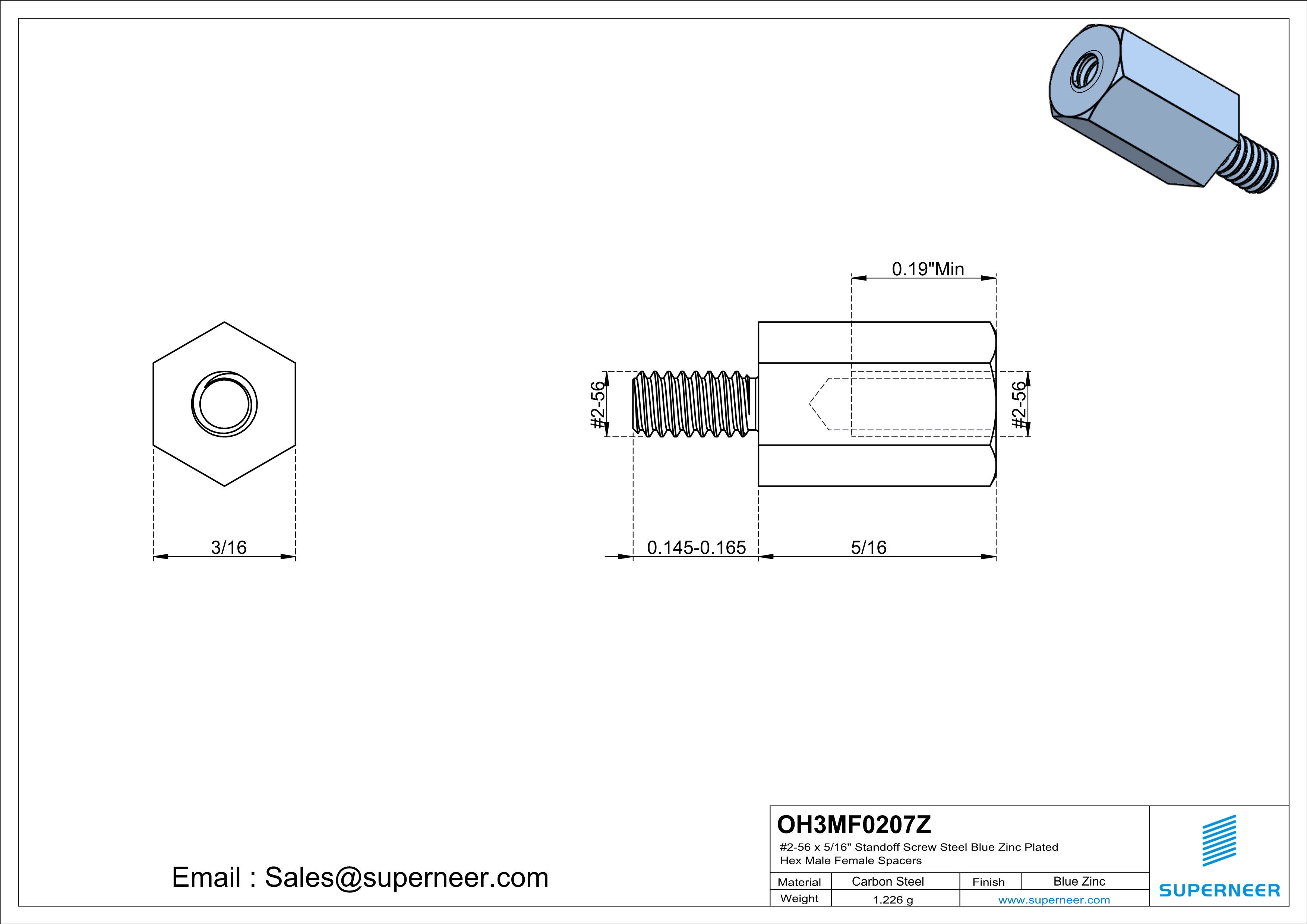 2-56 x 5/16" Standoff Screw Steel Blue Zinc Plated Hex Male Female Spacers 