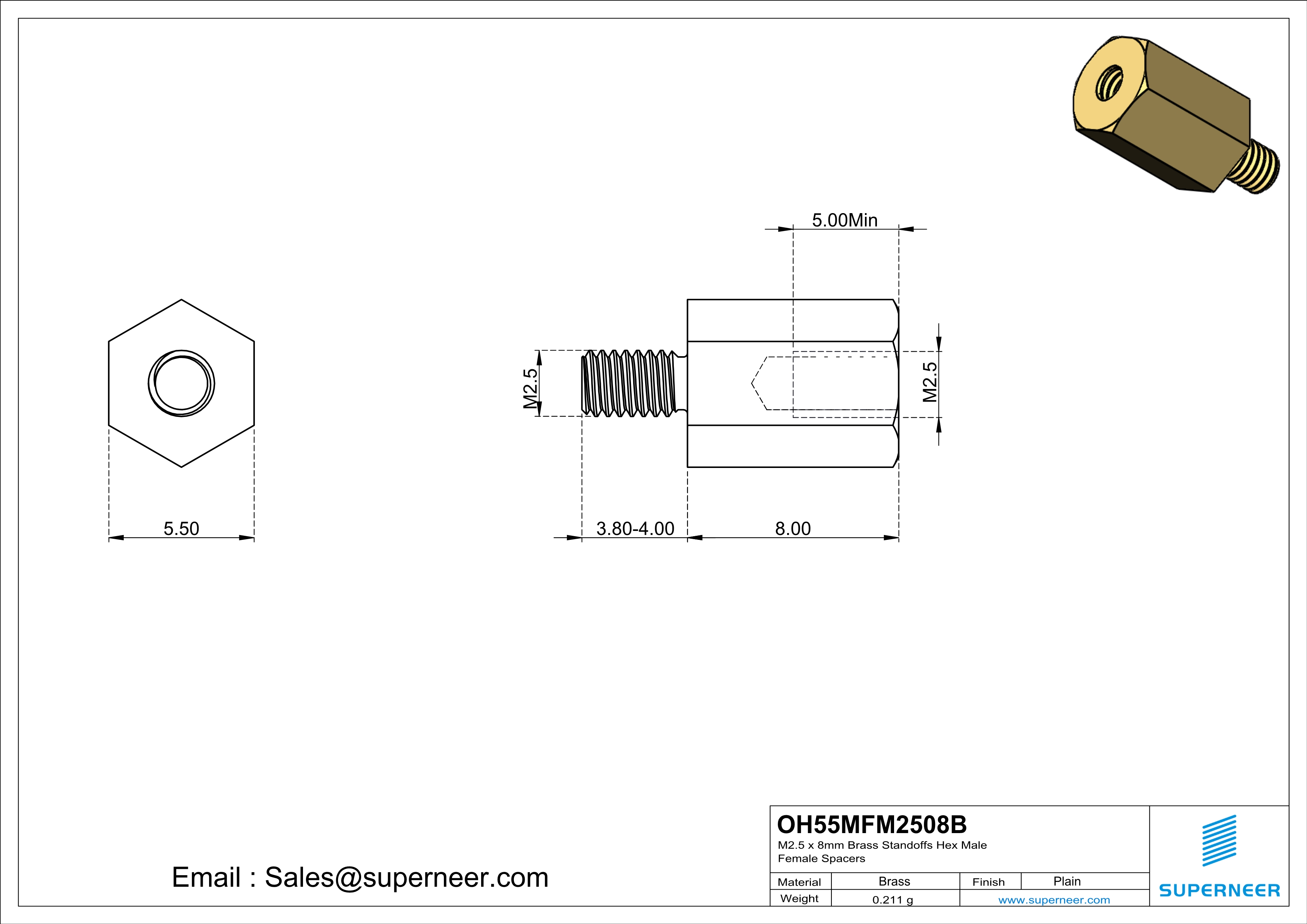 M2.5 x 8mm Brass Standoffs Hex Male Female Spacers