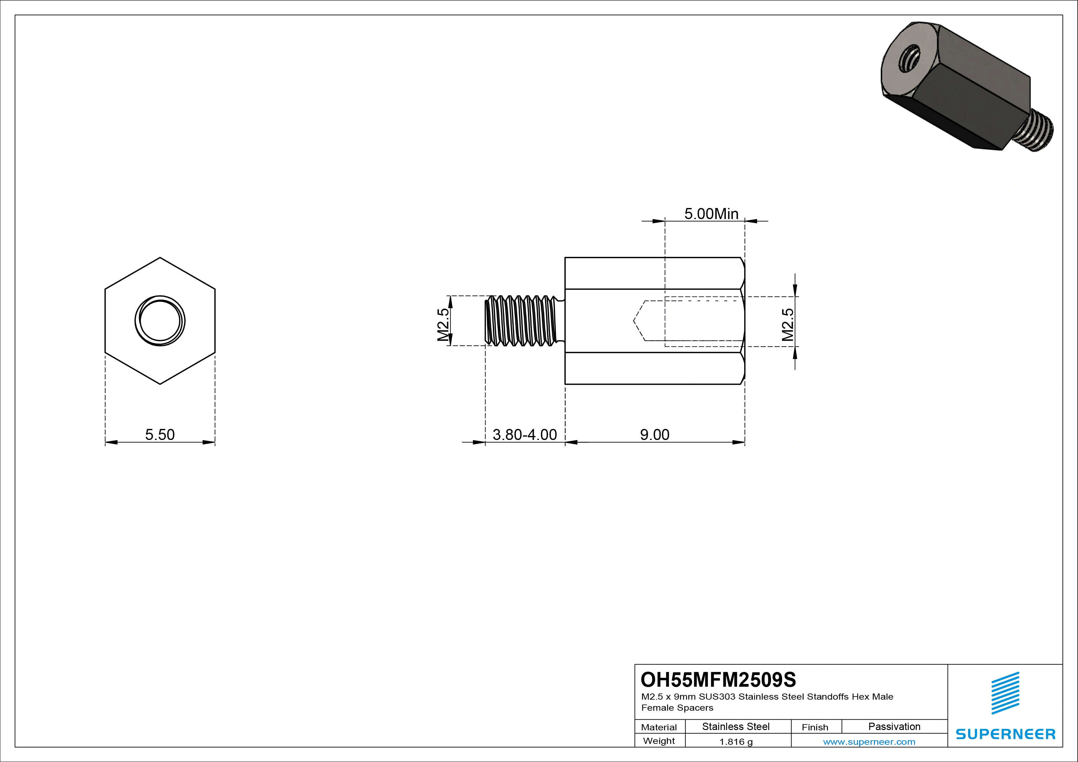 M2.5 x 9mm SUS303 Stainless Steel Inox Standoffs Hex Male Female Spacers