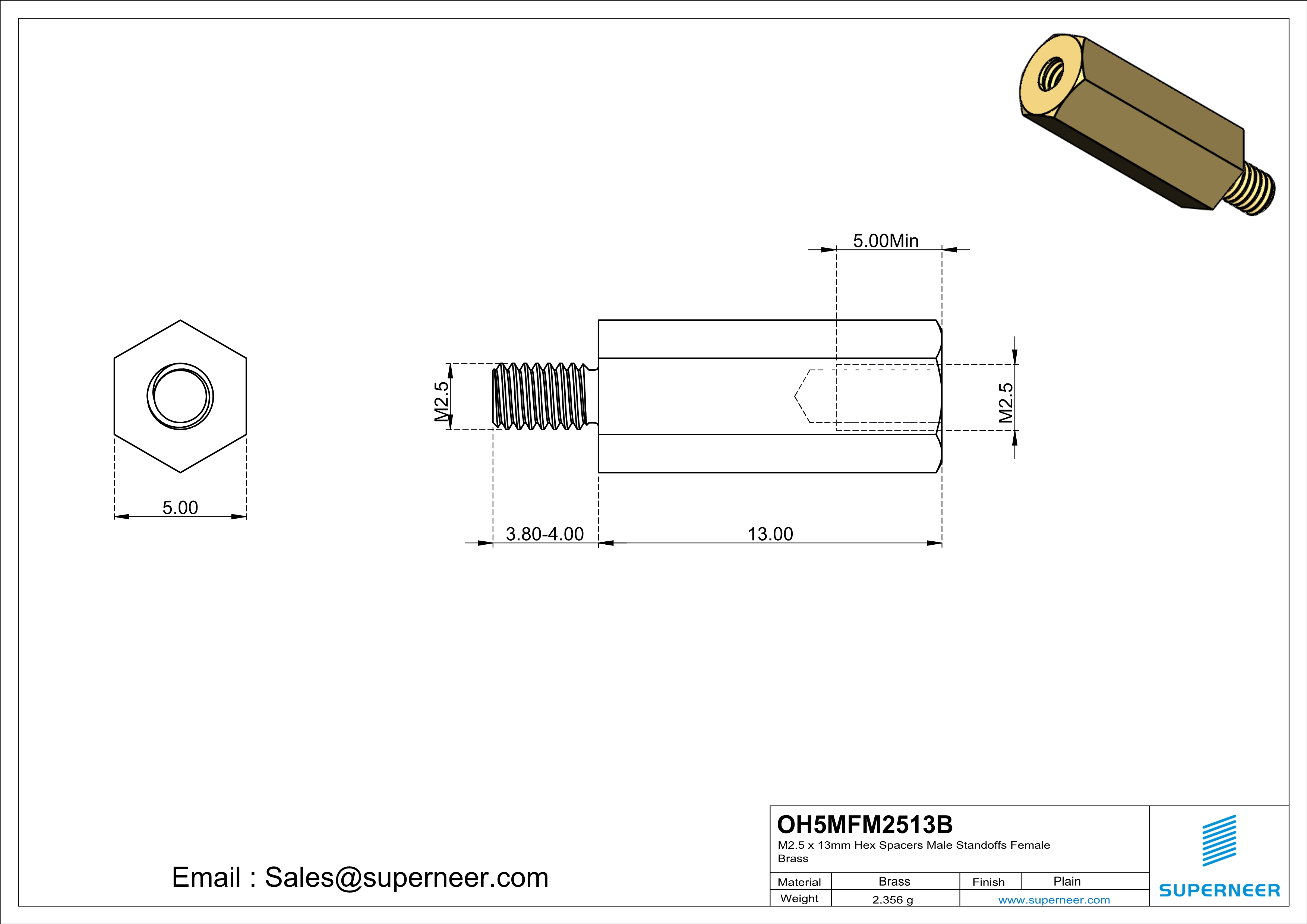 M2.5 x 13mm Hex Spacers Male  Standoffs Female Brass
