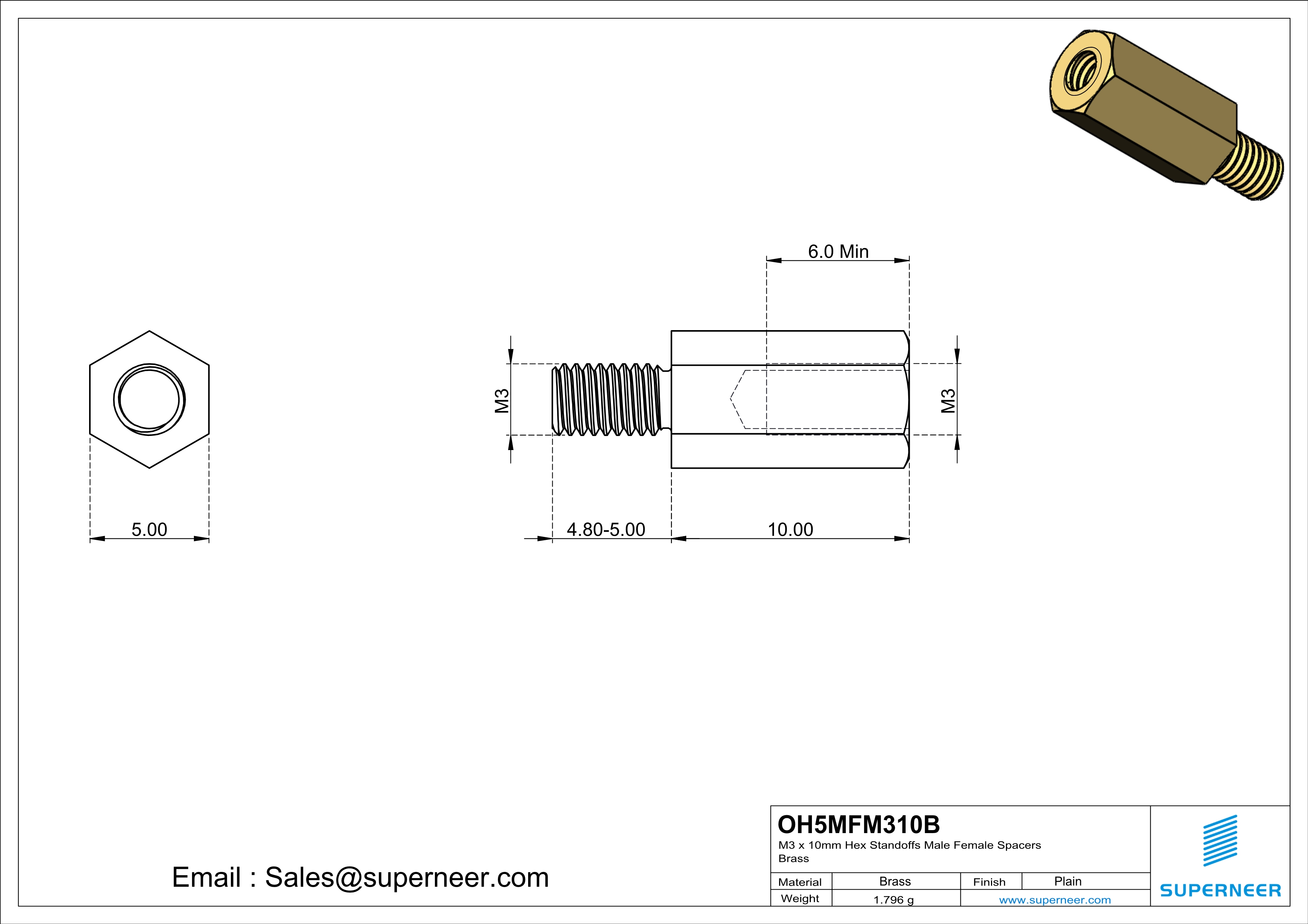 M3 x 10mm Hex Standoffs Male Female Spacers  Brass 