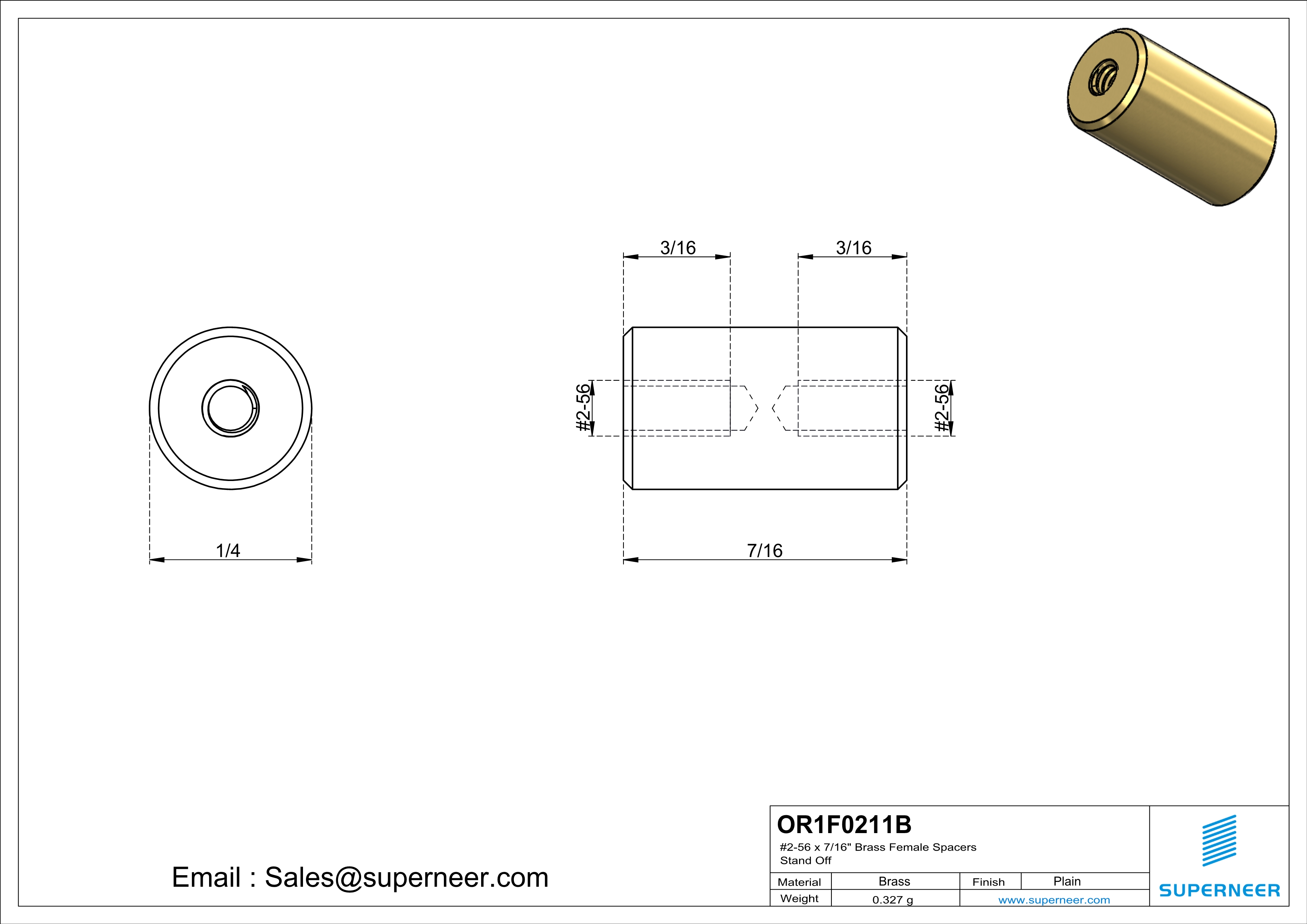 2-56 x 7/16" Brass Female Spacers Brass Stand Off  