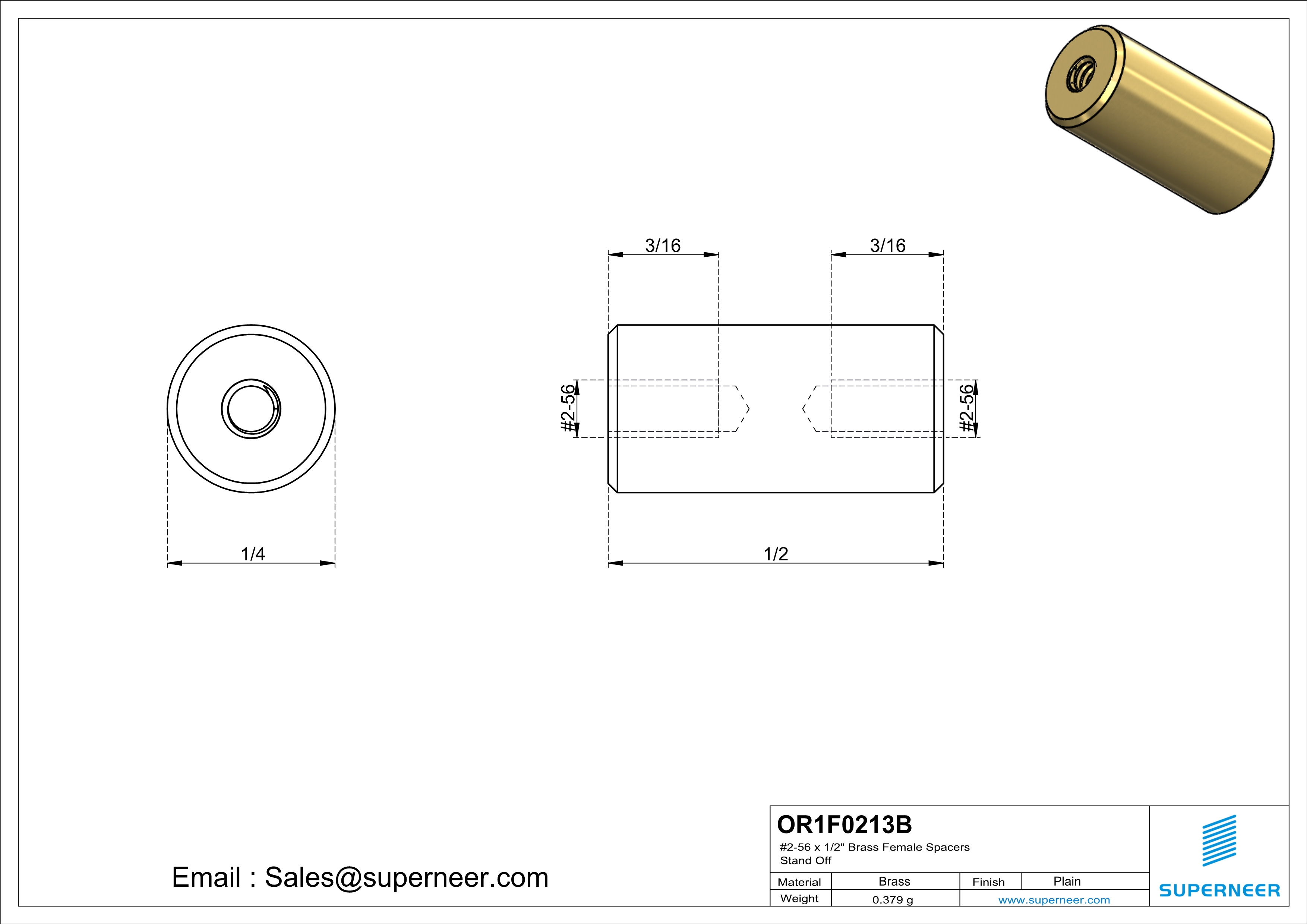 2-56 x 1/2" Brass Female Spacers Brass Stand Off  