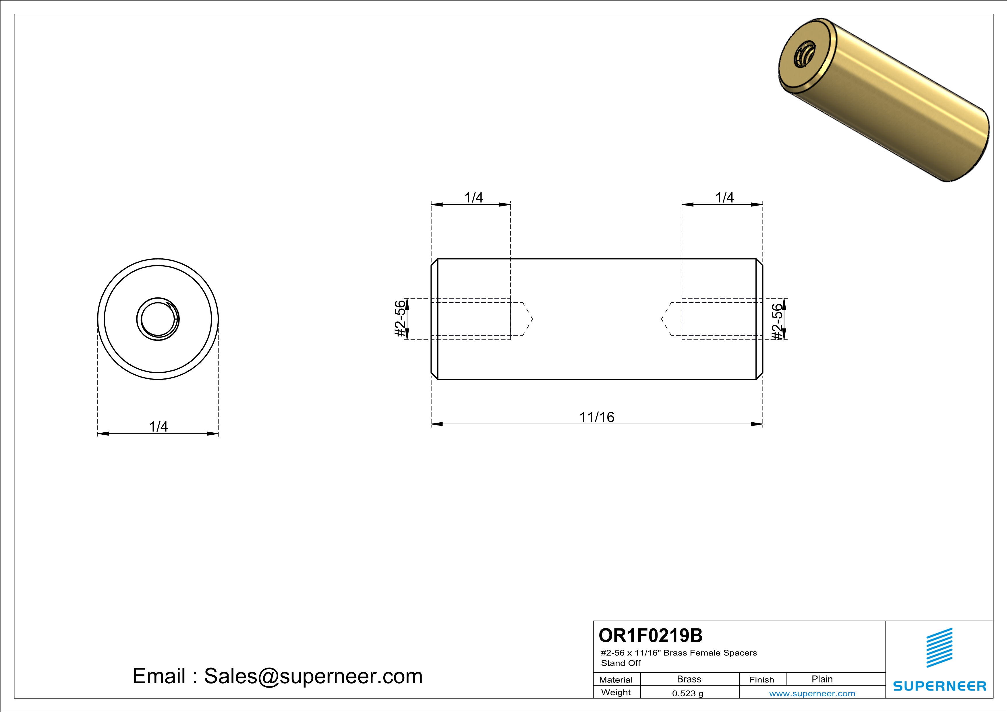 2-56 x 11/16" Brass Female Spacers Brass Stand Off  
