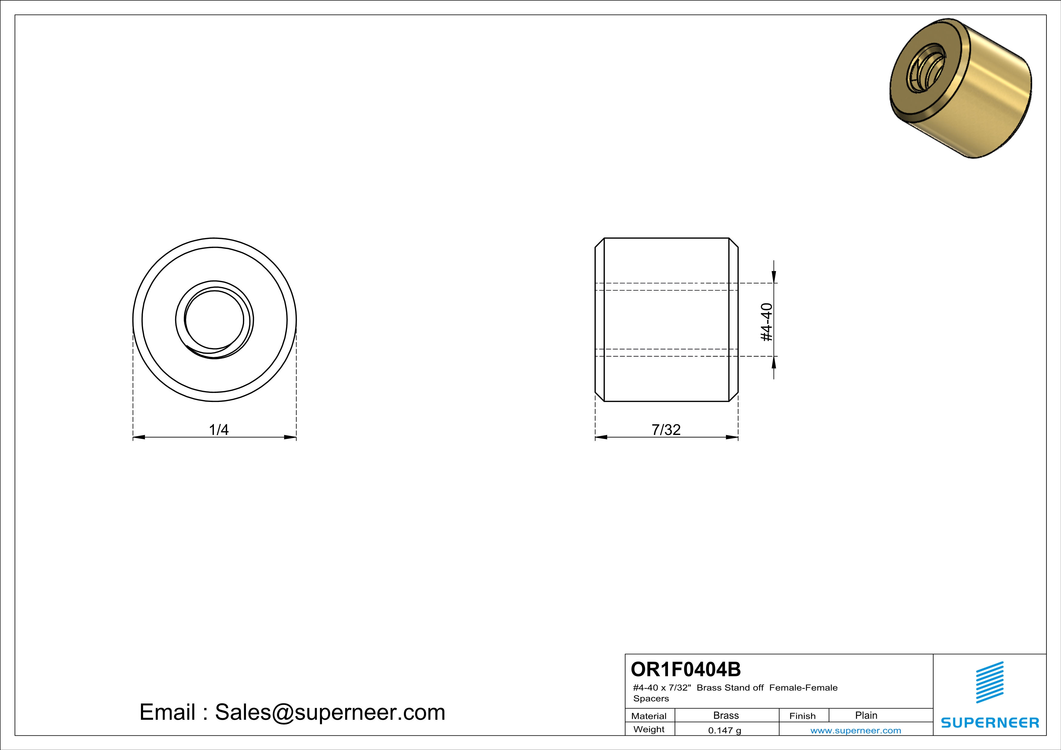 4-40 x 7/32" Brass Stand off Spacers Female-Female Brass  
