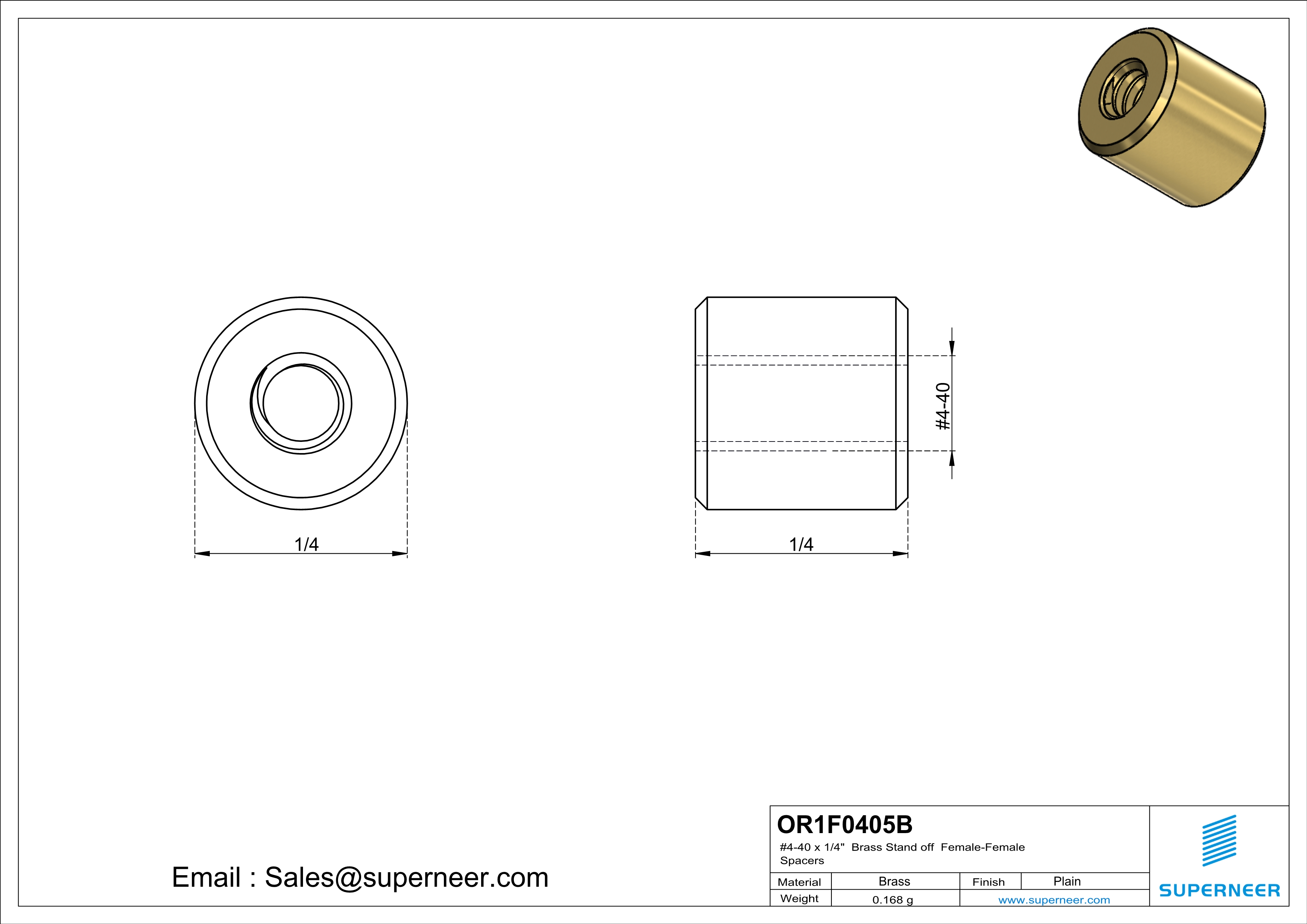 4-40 x 1/4" Brass Stand off Spacers Female-Female Brass  