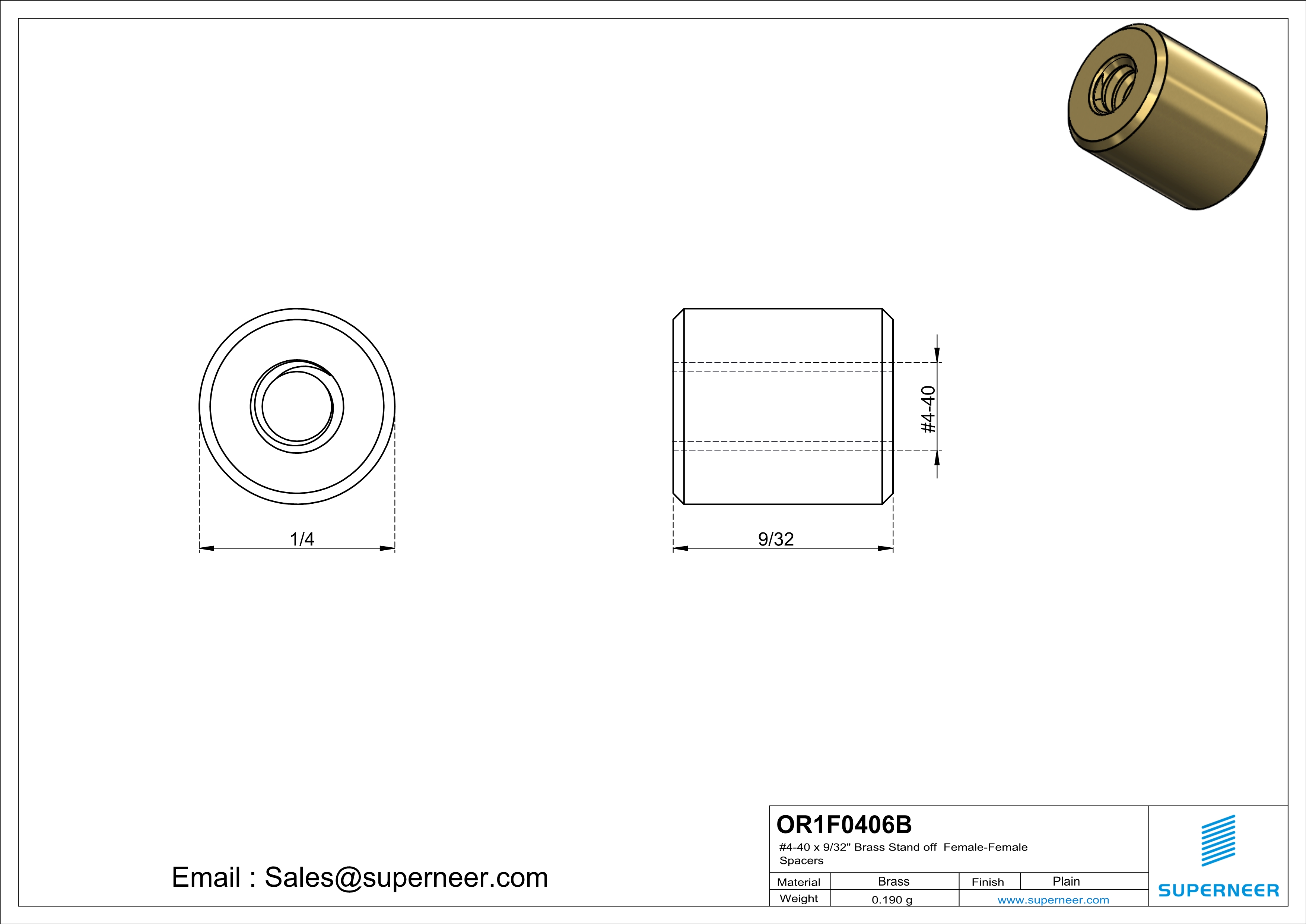 4-40 x 9/32" Brass Stand off Spacers Female-Female Brass  