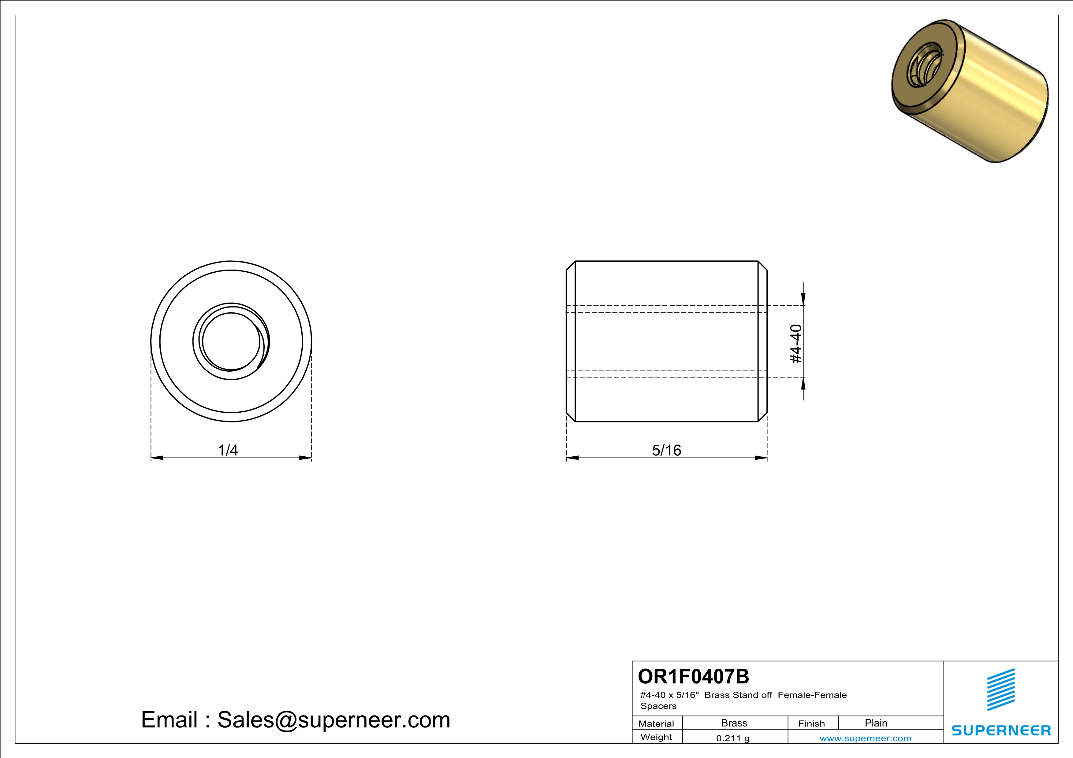 4-40 x 5/16" Brass Stand off Spacers Female-Female Brass  