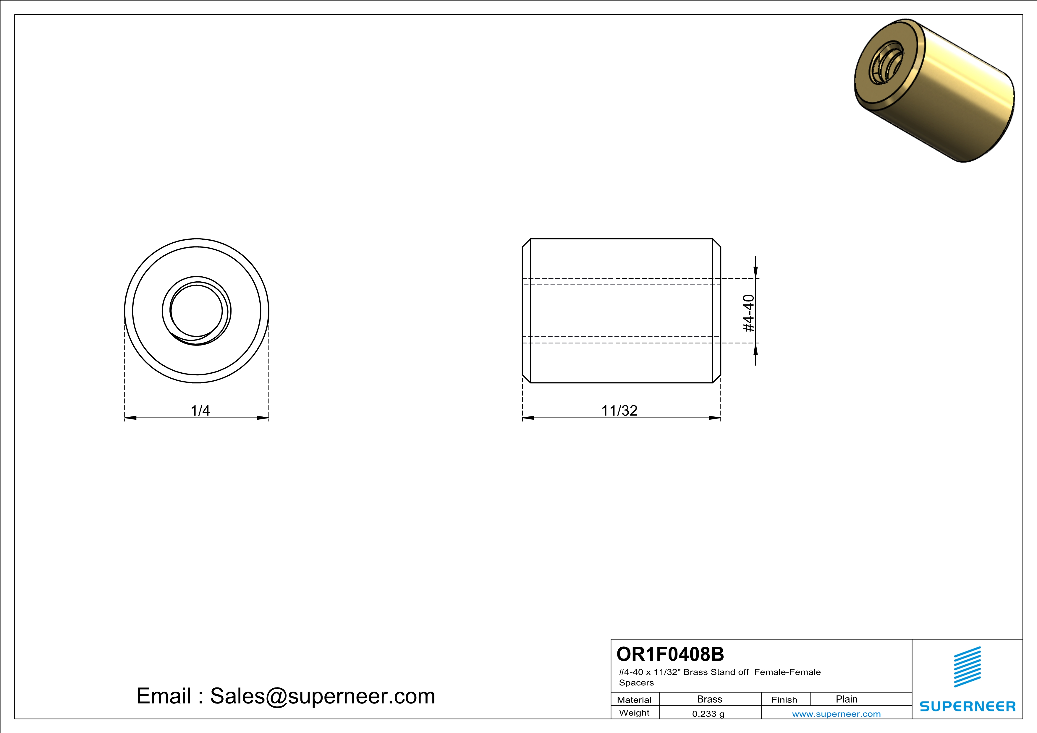4-40 x 11/32"  Brass Stand off Spacers Female-Female Brass  