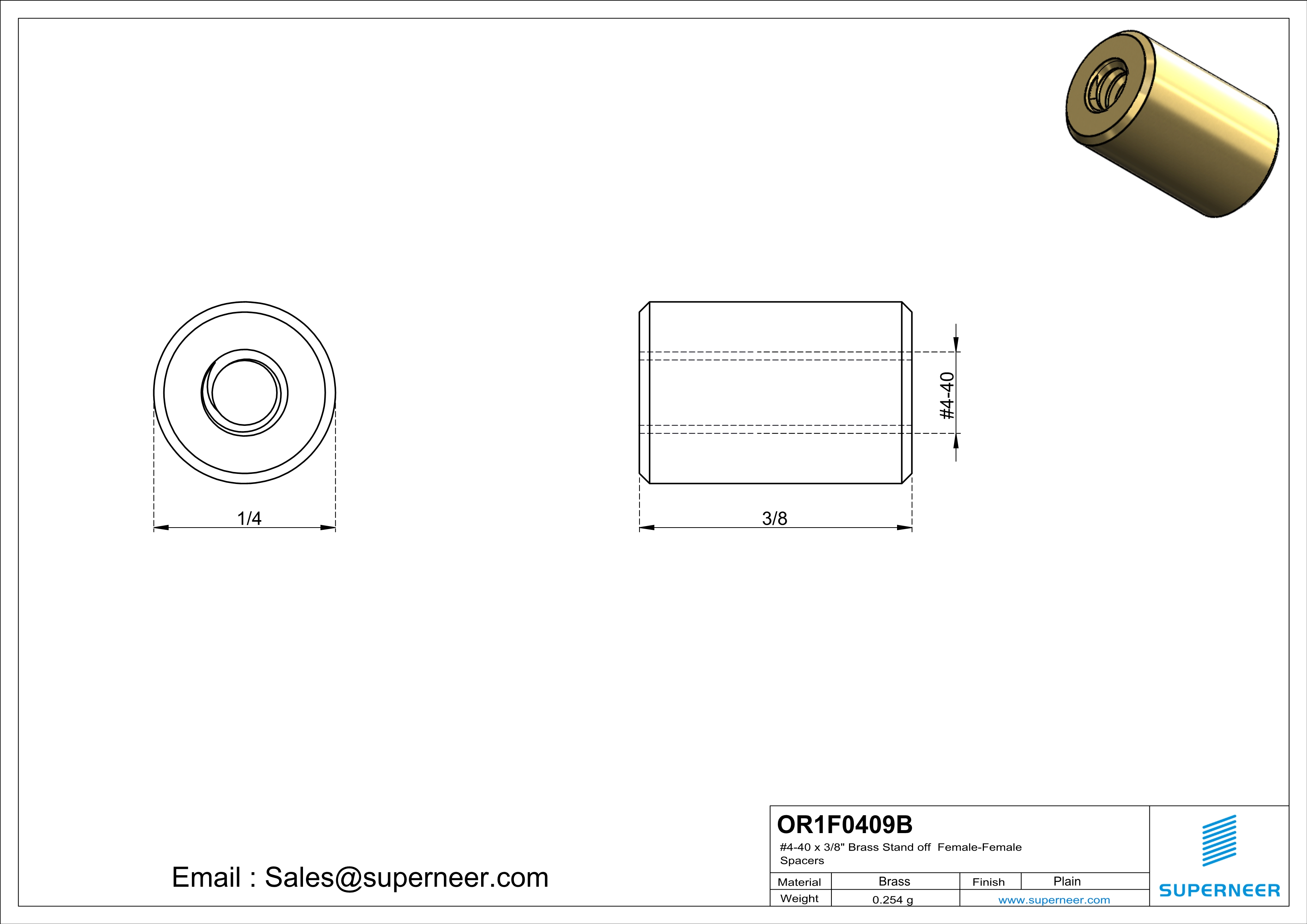 4-40 x 3/8" Brass Stand off Spacers Female-Female Brass  