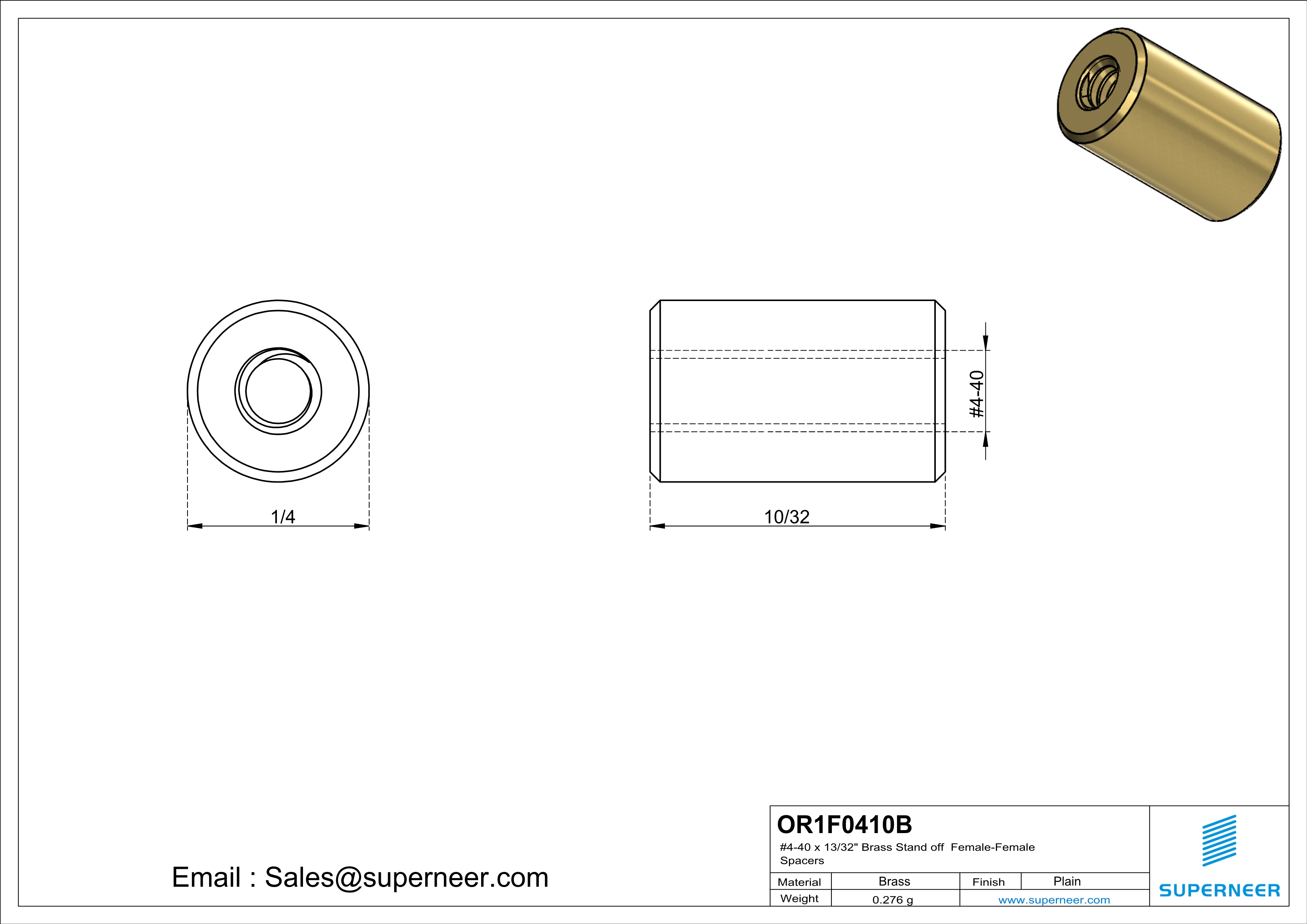 4-40 x 13/32" Brass Stand off Spacers Female-Female Brass  