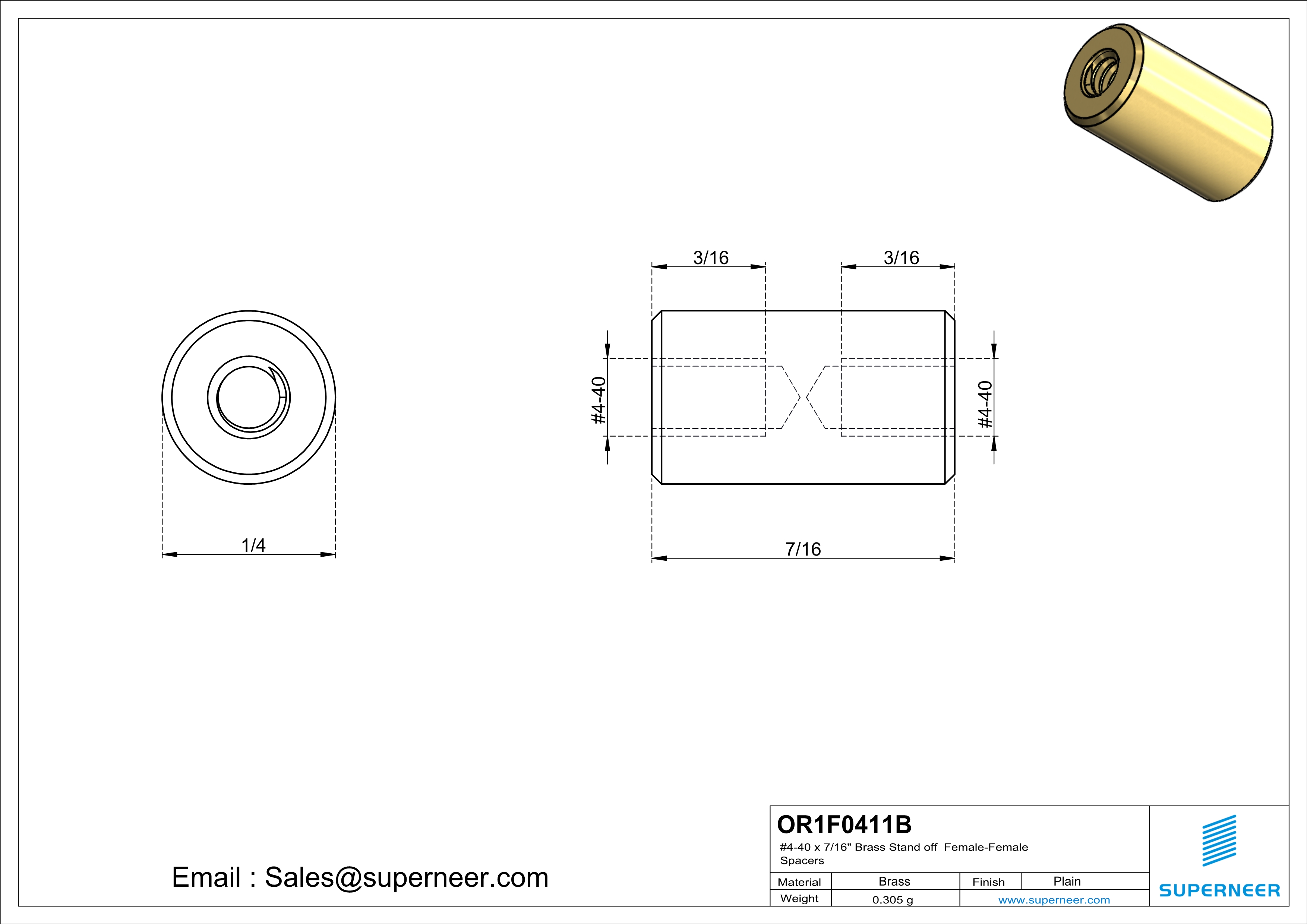 4-40 x 7/16" Brass Stand off Spacers Female-Female Brass  