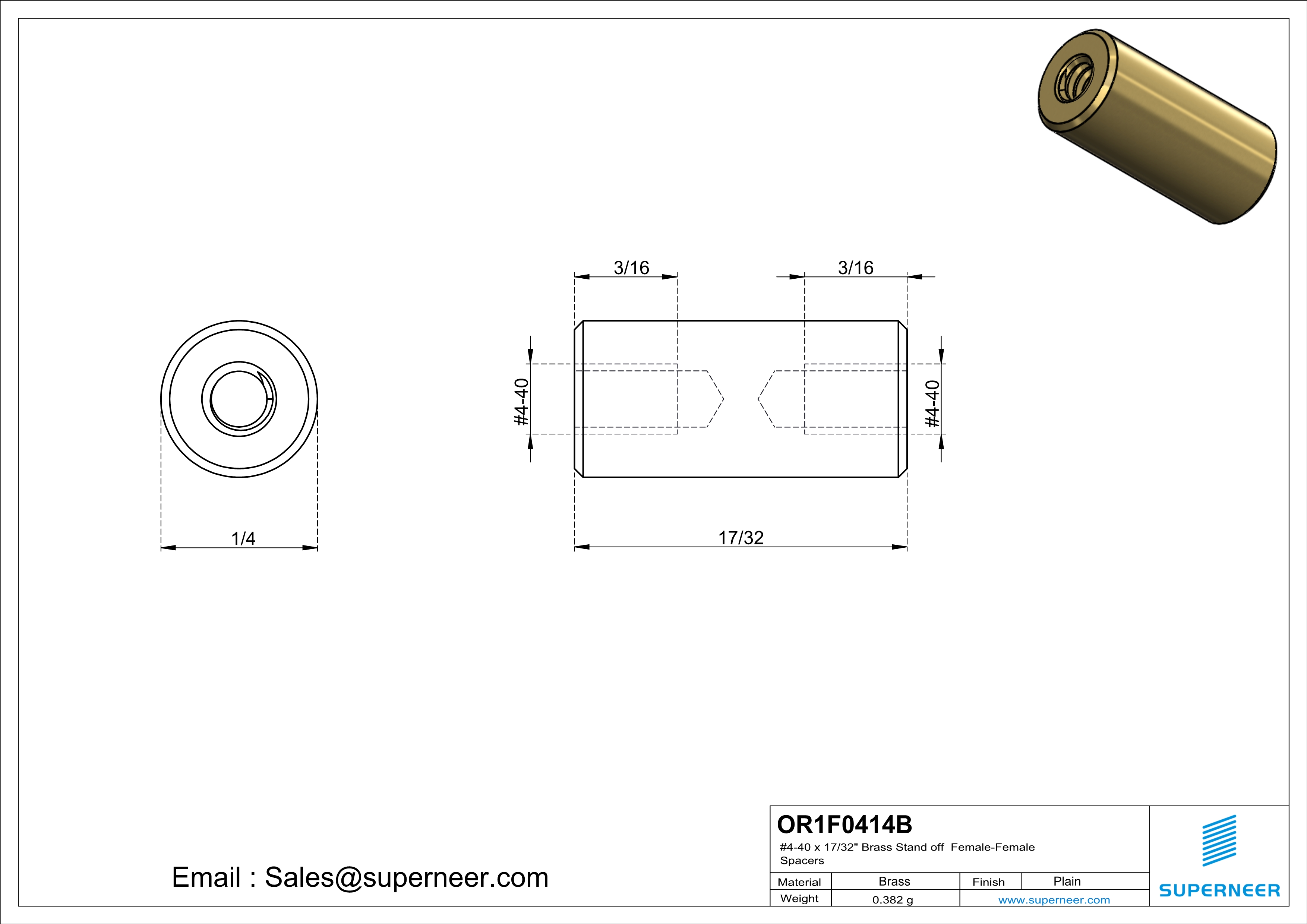 4-40 x 17/32" Brass Stand off Spacers Female-Female Brass  