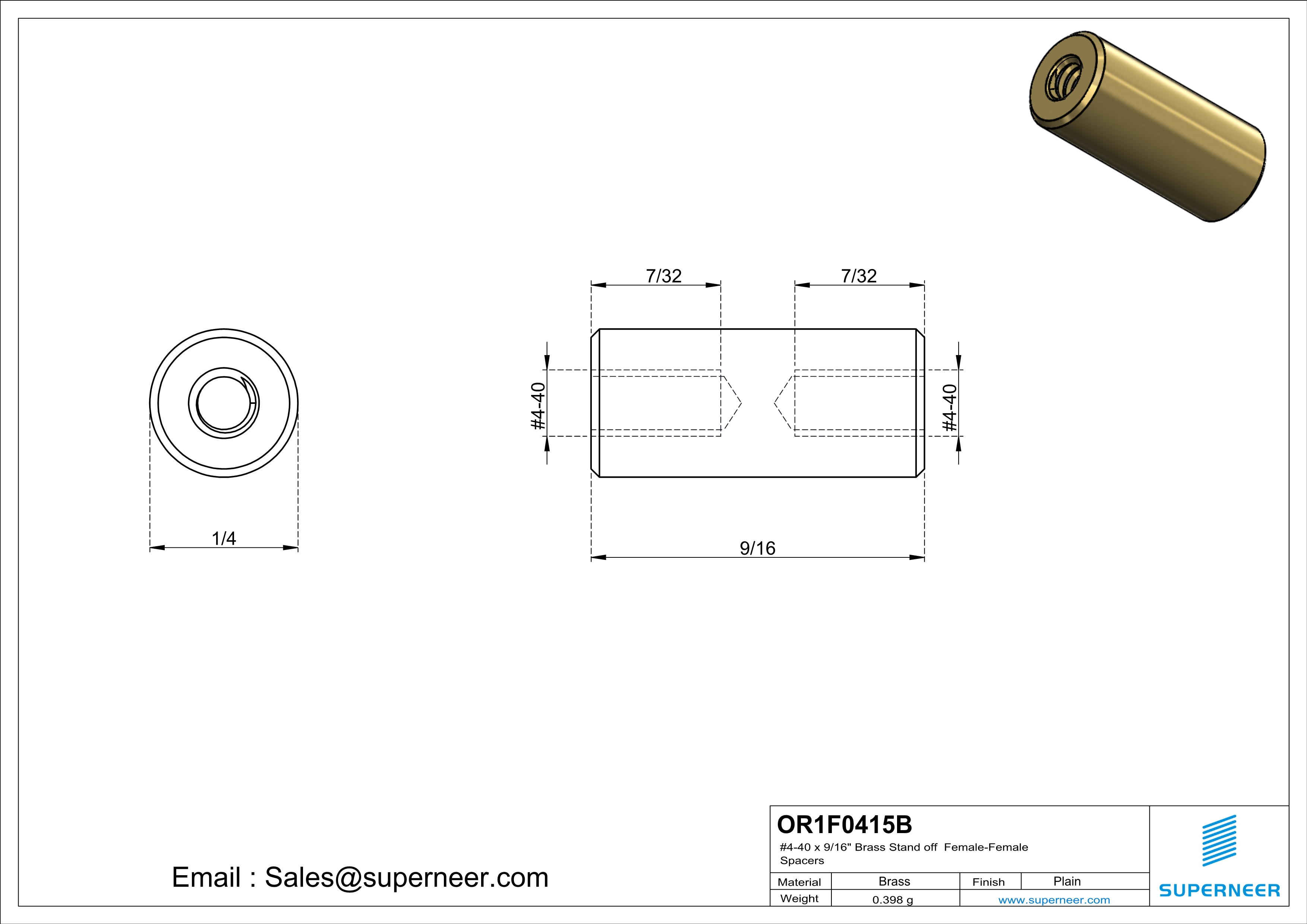 4-40 x 9/16" Brass Stand off Spacers Female-Female Brass  