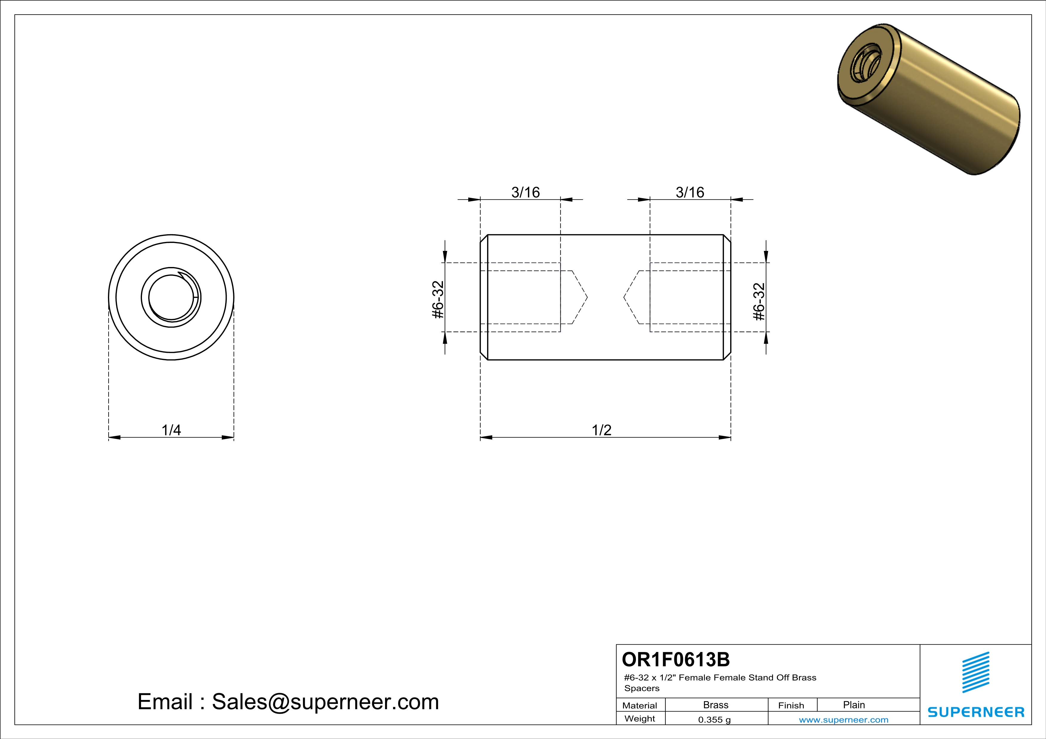 6-32 x 1/2" Female Female Brass Stand Off Brass Spacers 