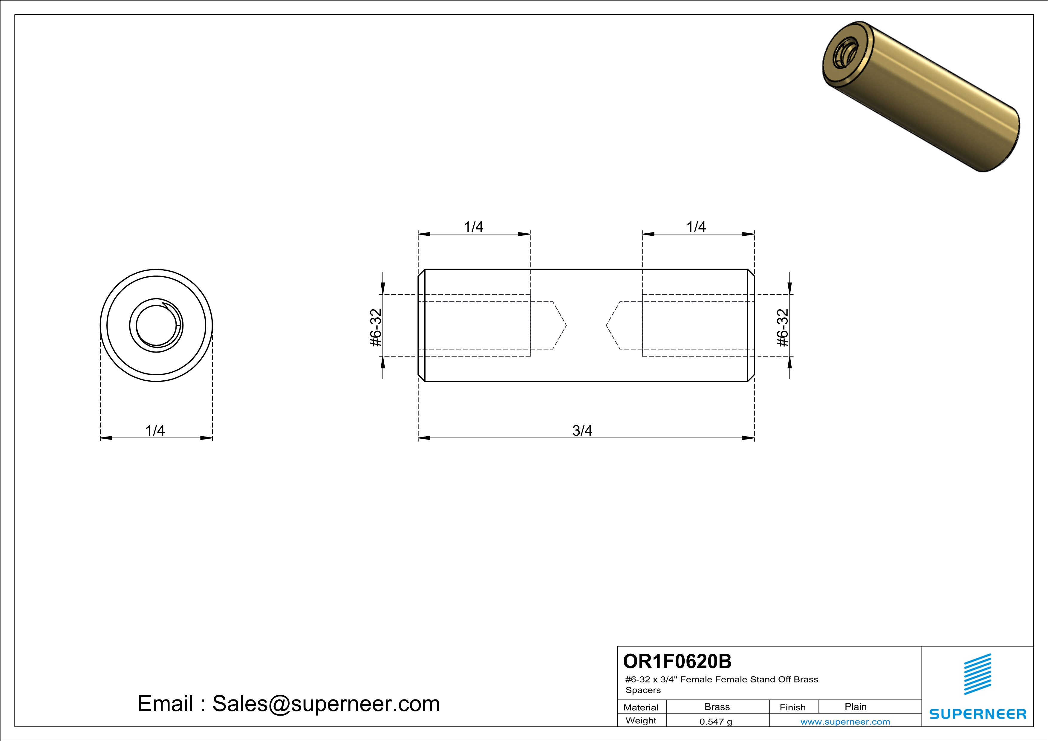 6-32 x 3/4" Female Female Brass Stand Off Brass Spacers 