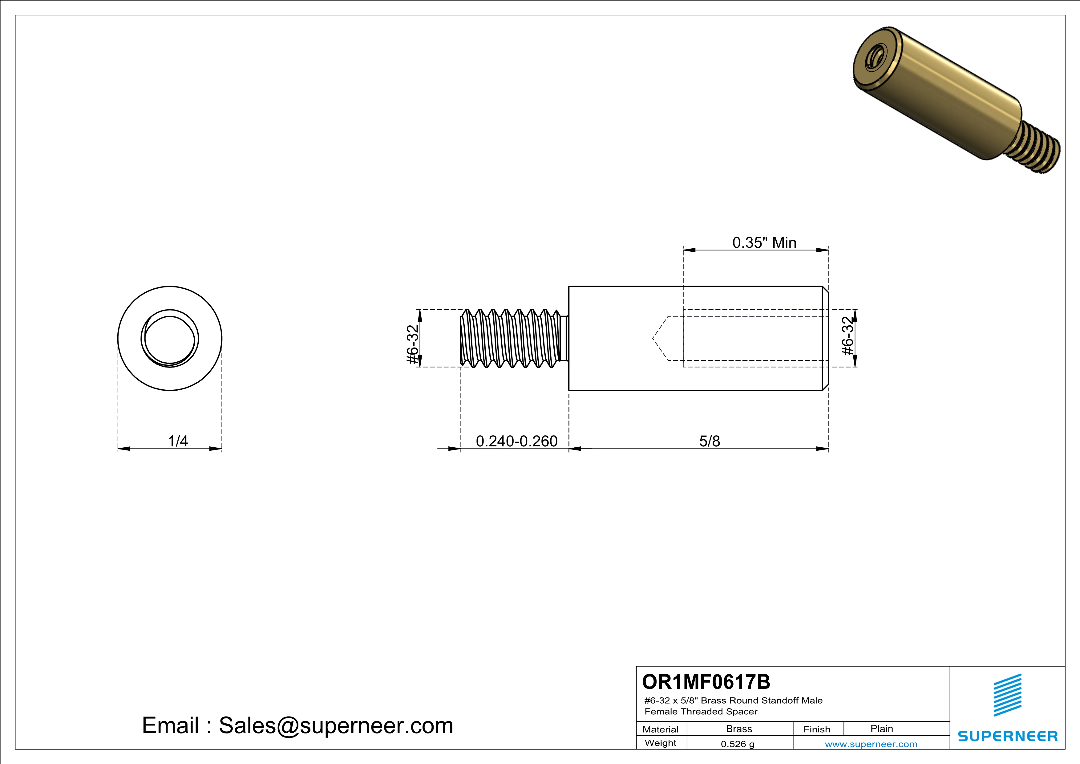6-32 x 5/8" Brass Round Standoff Male Female Threaded Spacer