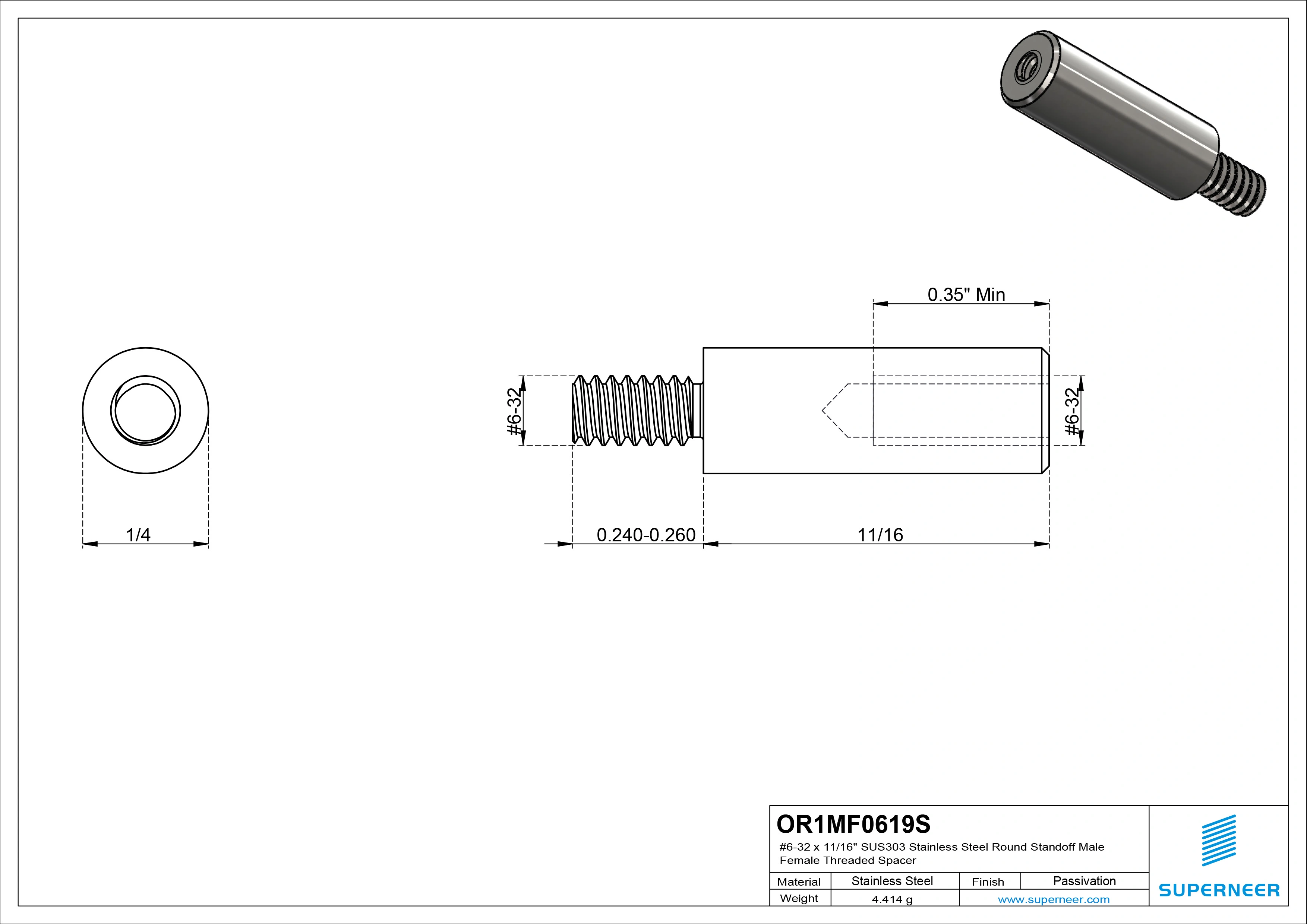 6-32 x 11/16" SUS303 Stainless Steel Inox Round Standoff Male Female Threaded Spacer
