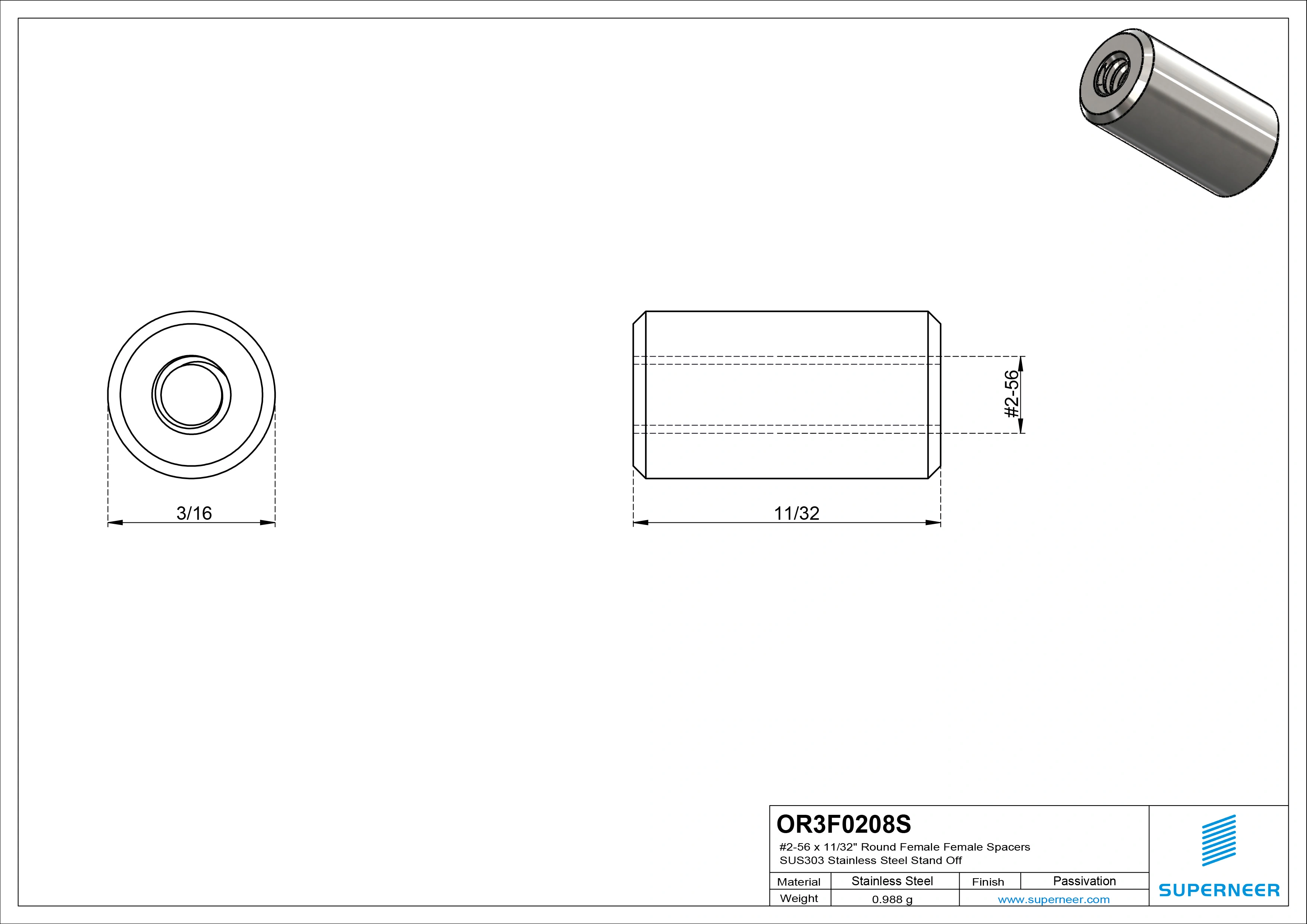 2-56 x 11/32" Round Female Female Spacers SUS303 Stainless Steel Inox Stand Off 
