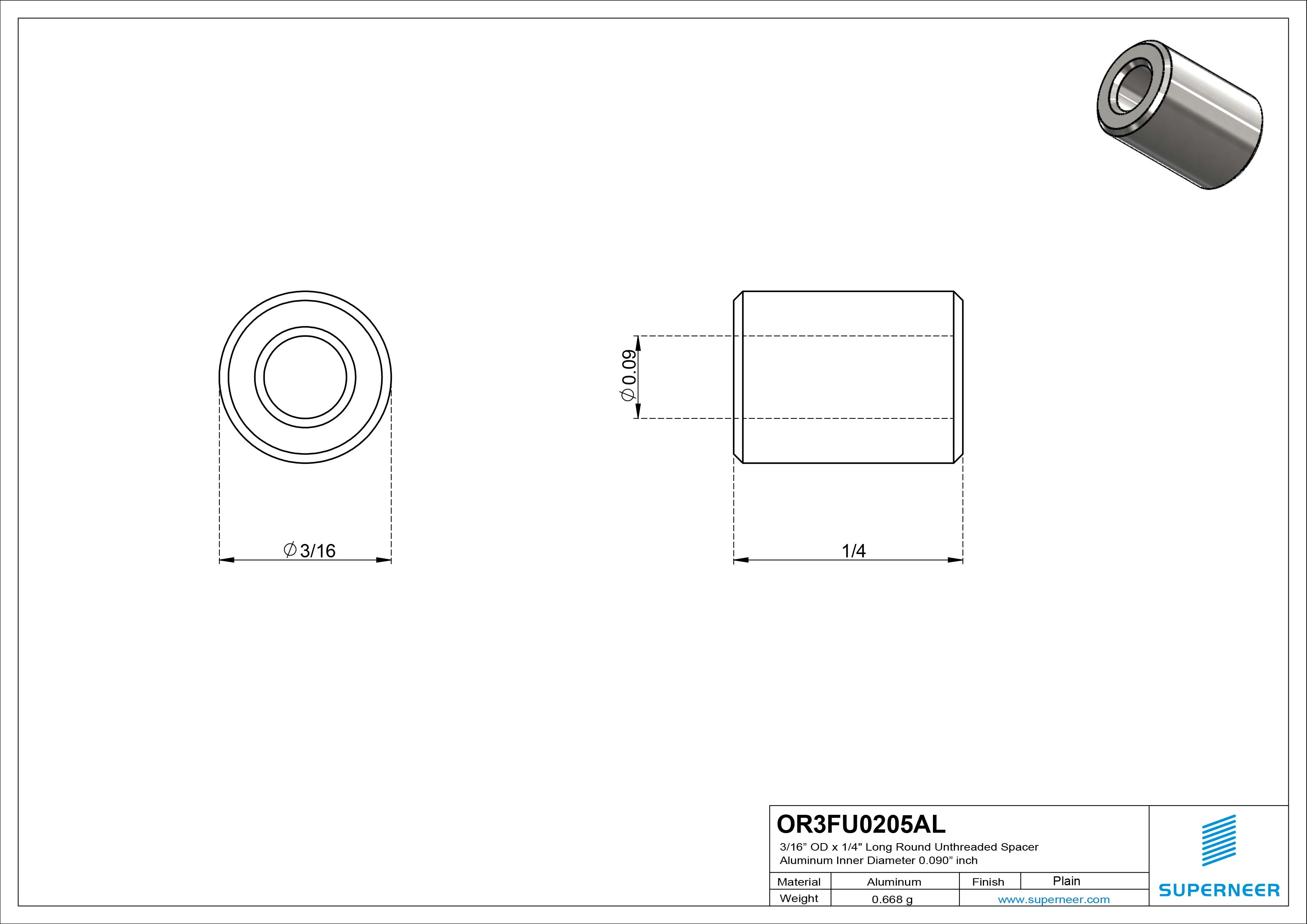 3/16" OD x 1/4" Long Round Unthreaded Spacer Aluminum for 2-56 screw (0.090&rdquo; ID)