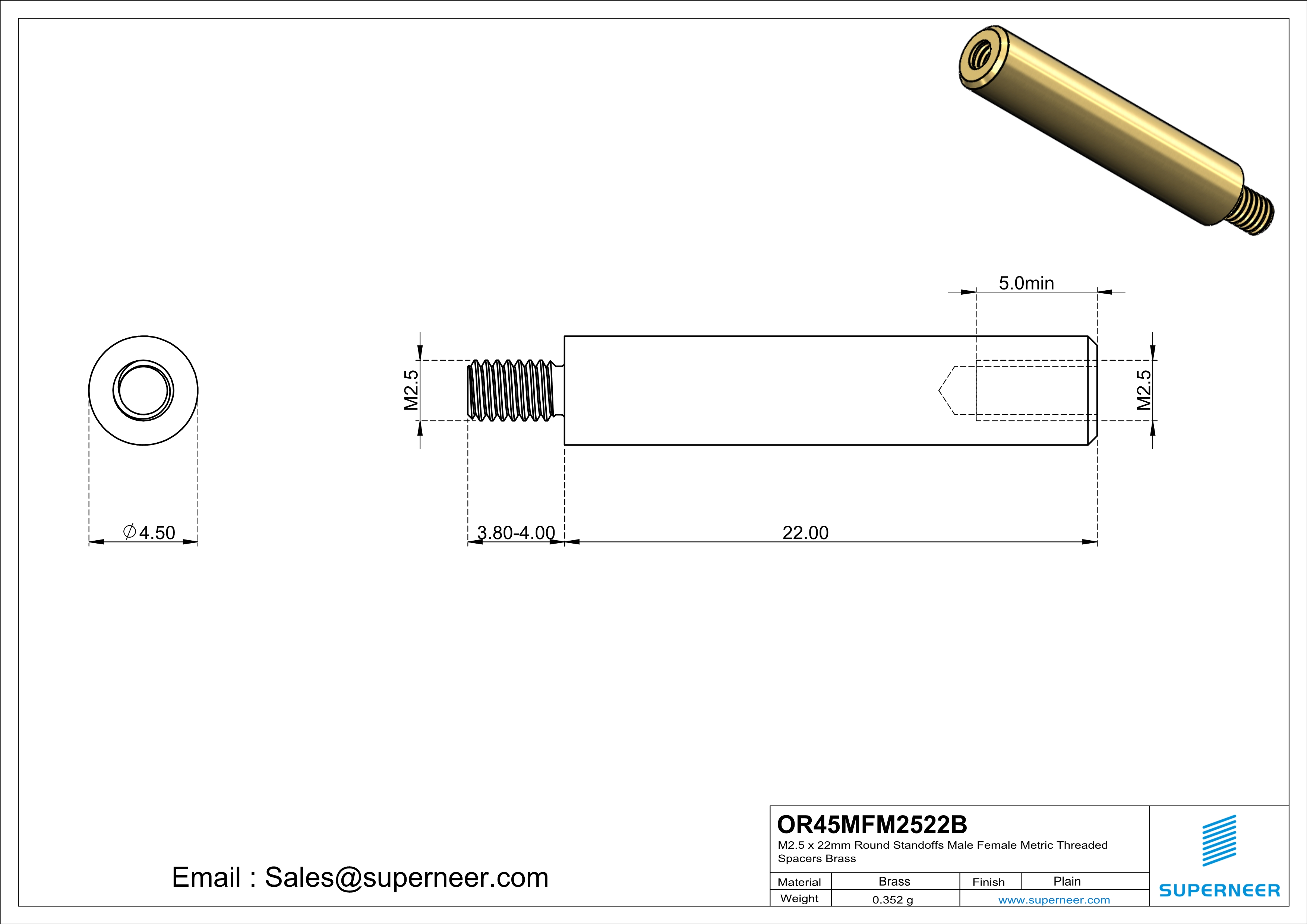M2.5 x 22mm Round Standoffs Male Female Metric Threaded Spacers