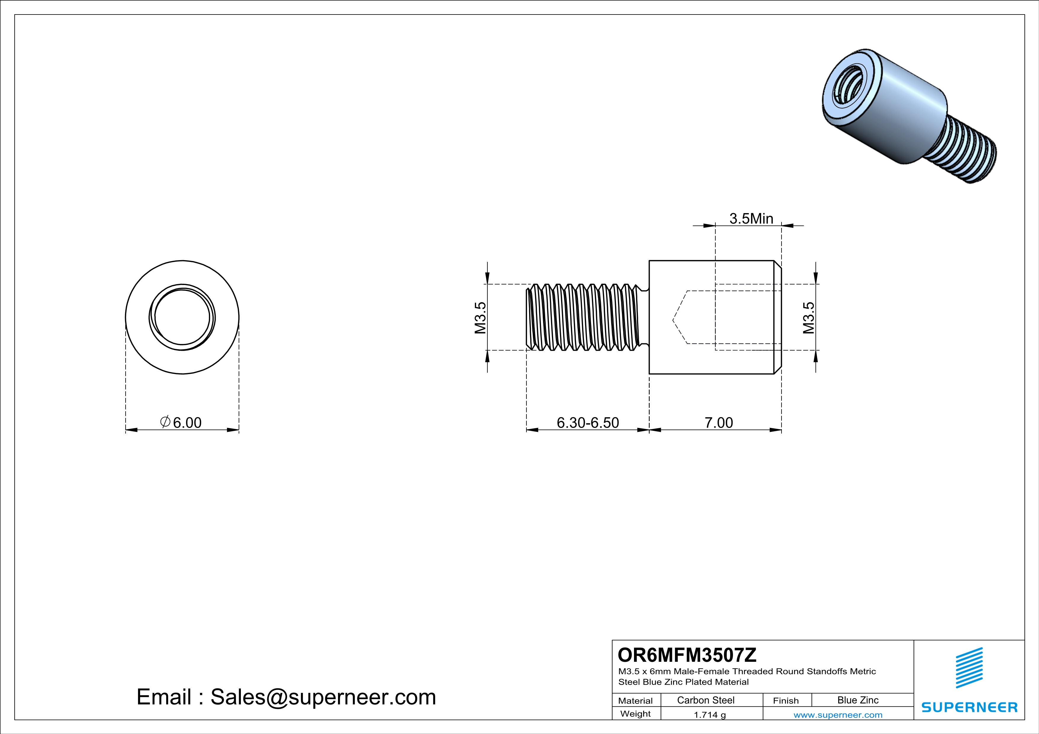 M3.5 x 7mm Male-Female Threaded Round Standoffs Metric Steel Blue Zinc Plated Material