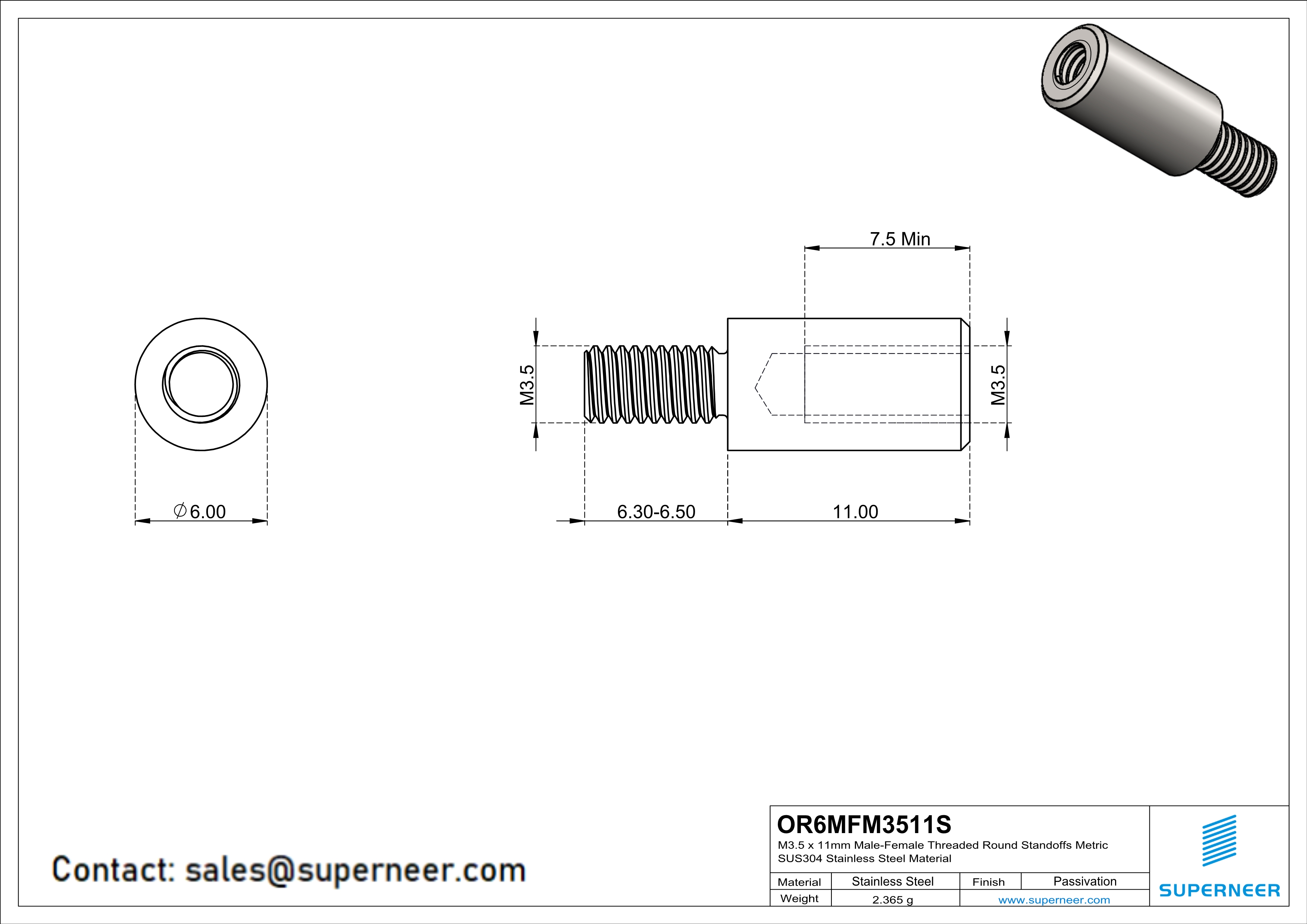 M3.5 x 11mm Male-Female Threaded Round Standoffs Metric SUS303 Stainless Steel Inox Material