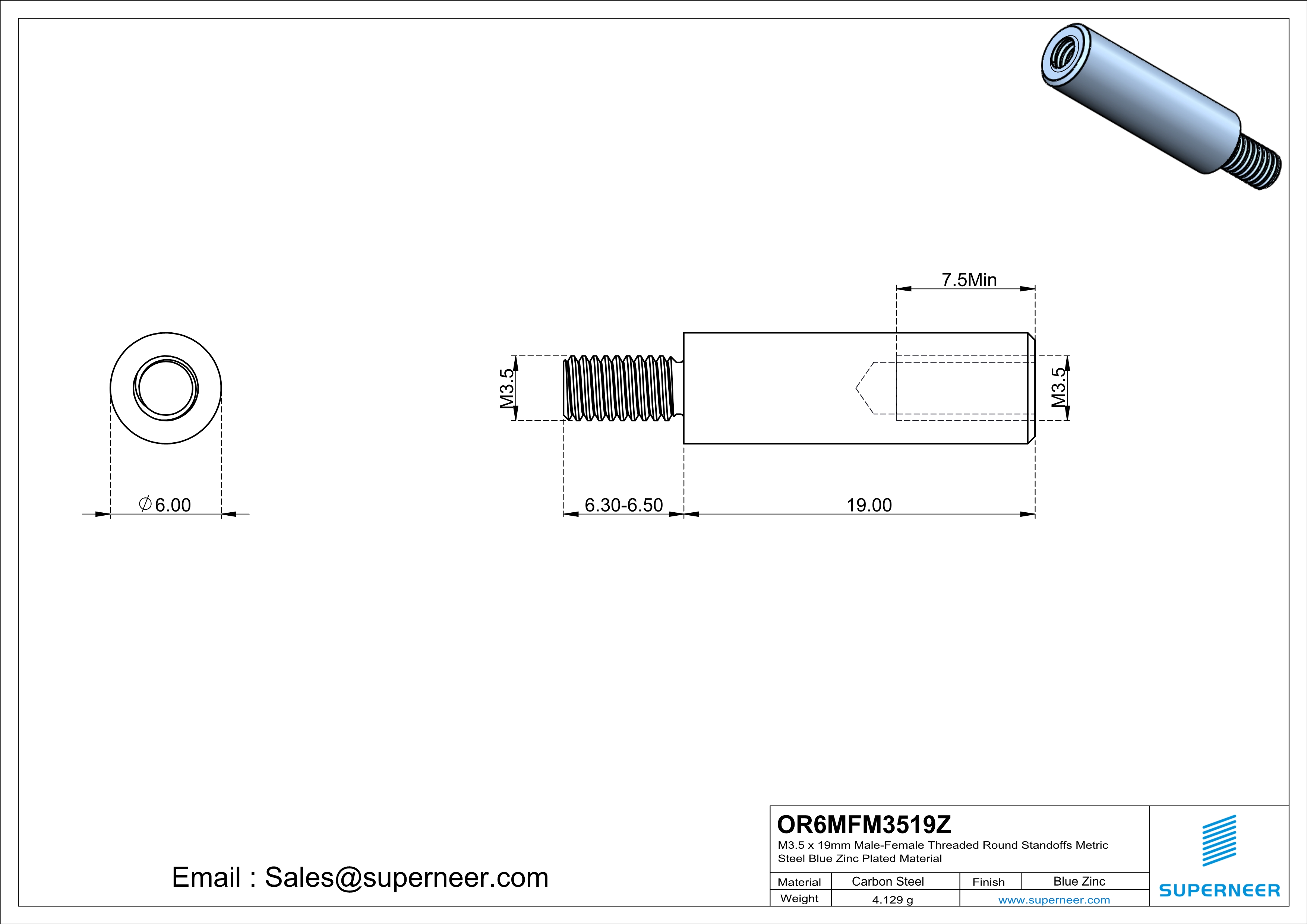 M3.5 x 19mm Male-Female Threaded Round Standoffs Metric Steel Blue Zinc Plated Material