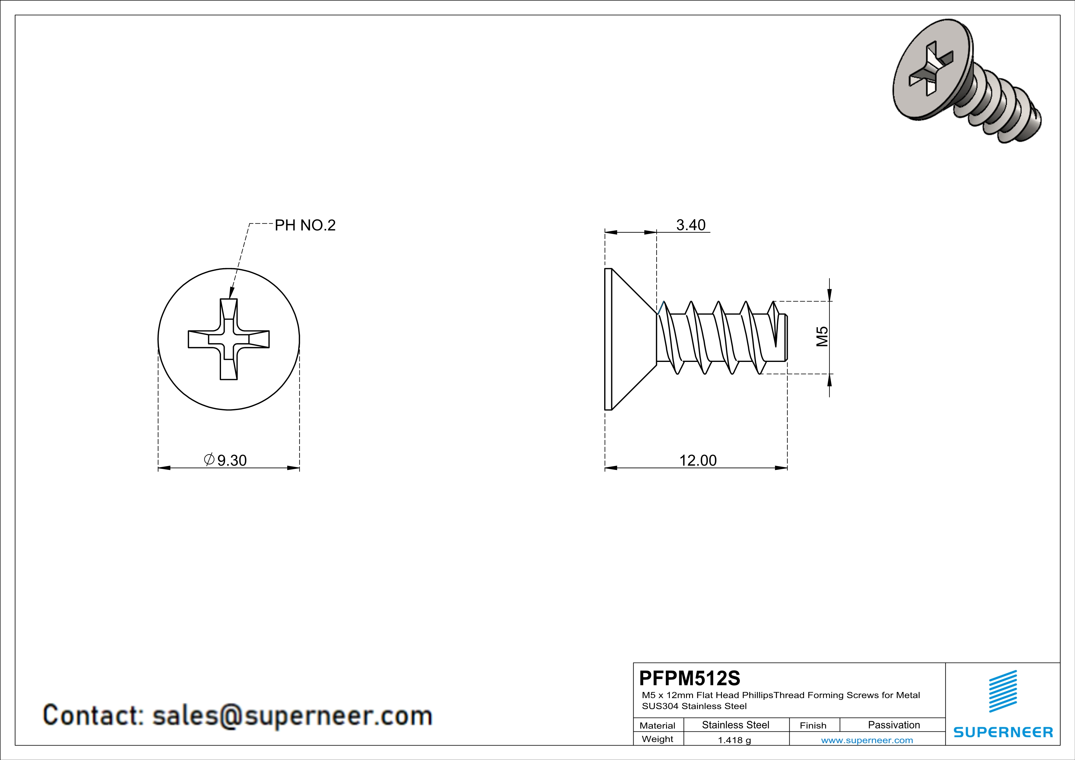 M5 &times; 12mm  Flat Head Phillips Thread Foming Screws for Plastic SUS304 Stainless Steel Inox