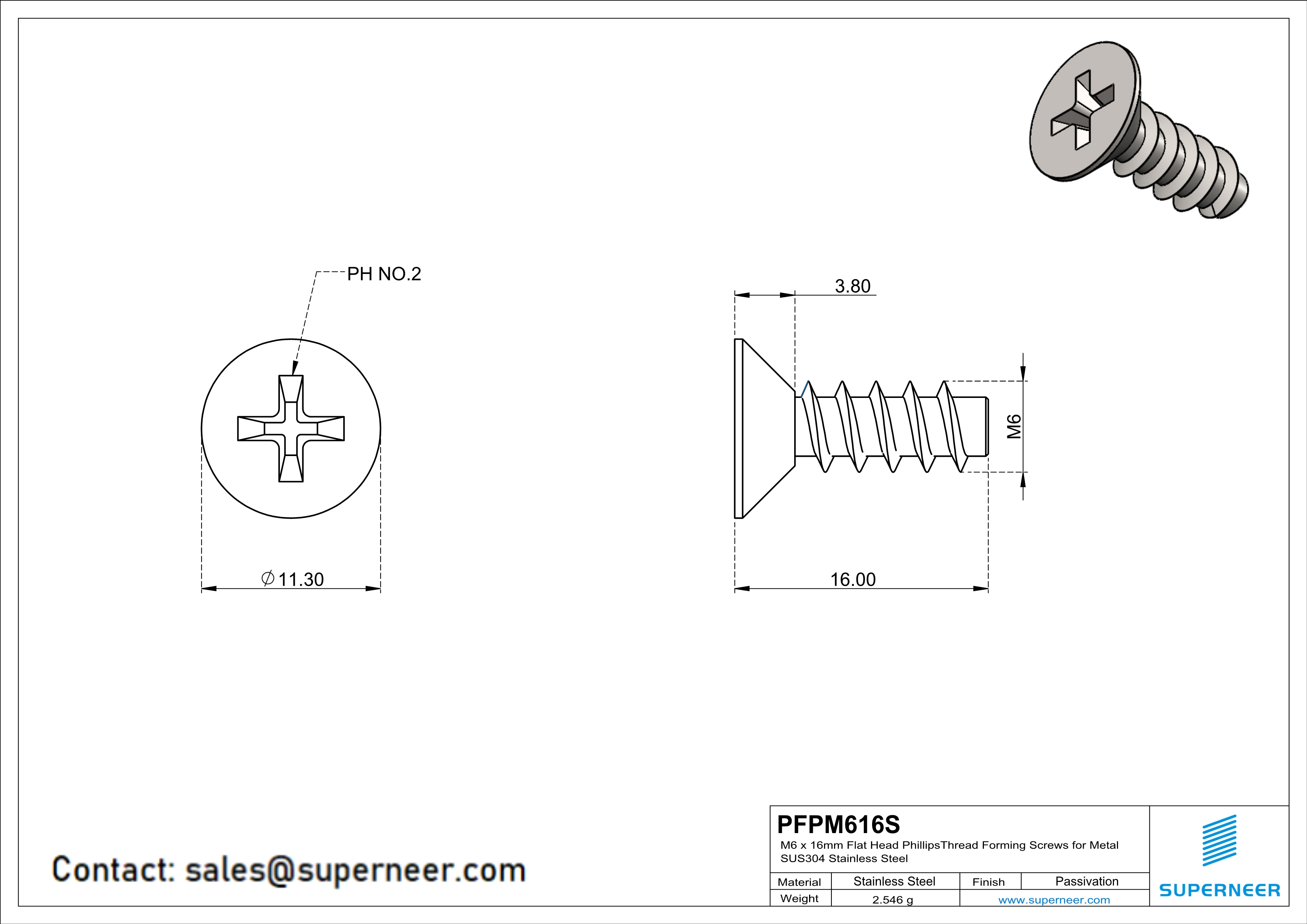 M6 &times; 16mm  Flat Head Phillips Thread Foming Screws for Plastic SUS304 Stainless Steel Inox