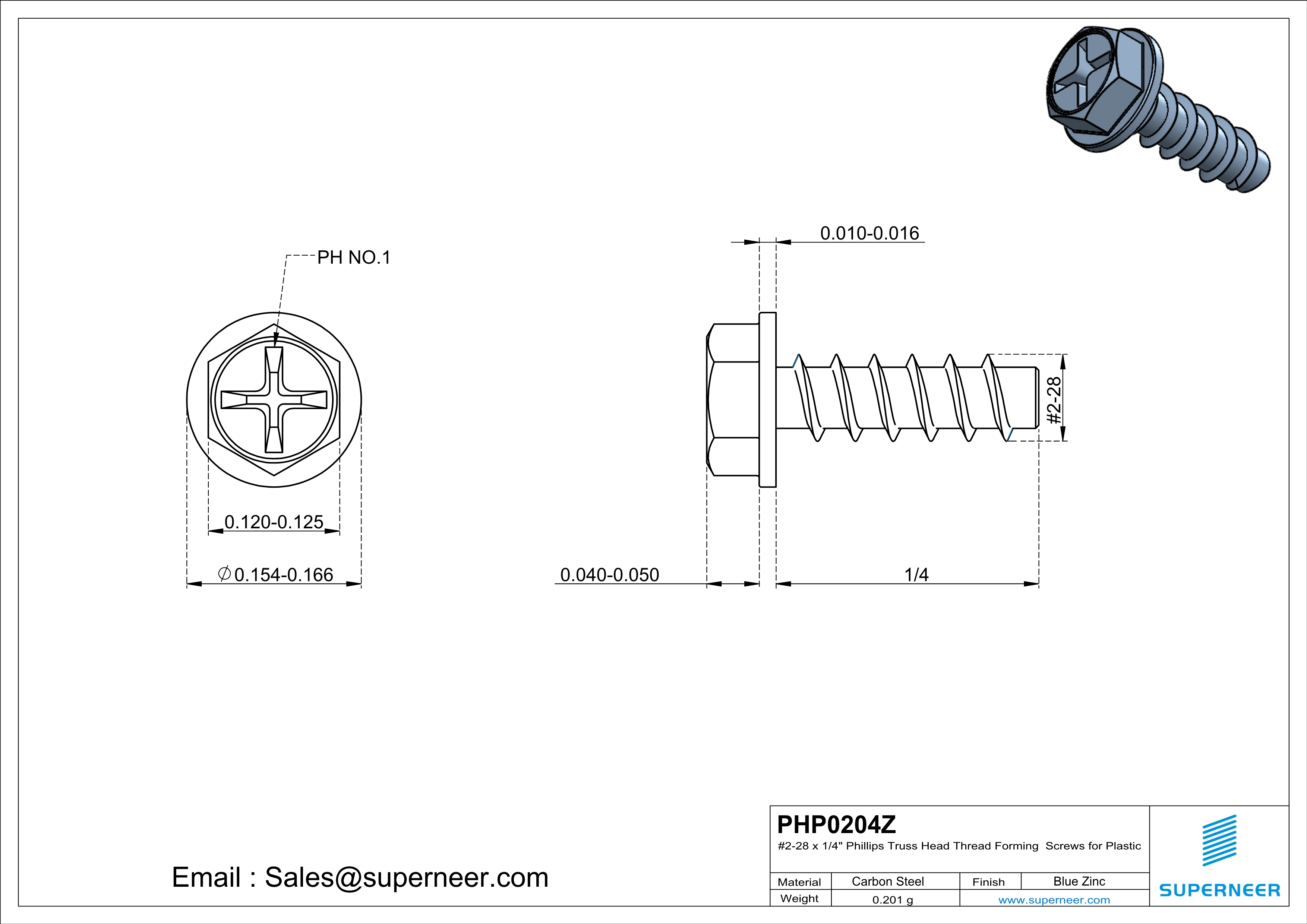 2 &times; 1/4" Hex Washer Head Phillips Thread Forming inch Screws for Plastic  Steel Blue Zinc Plated