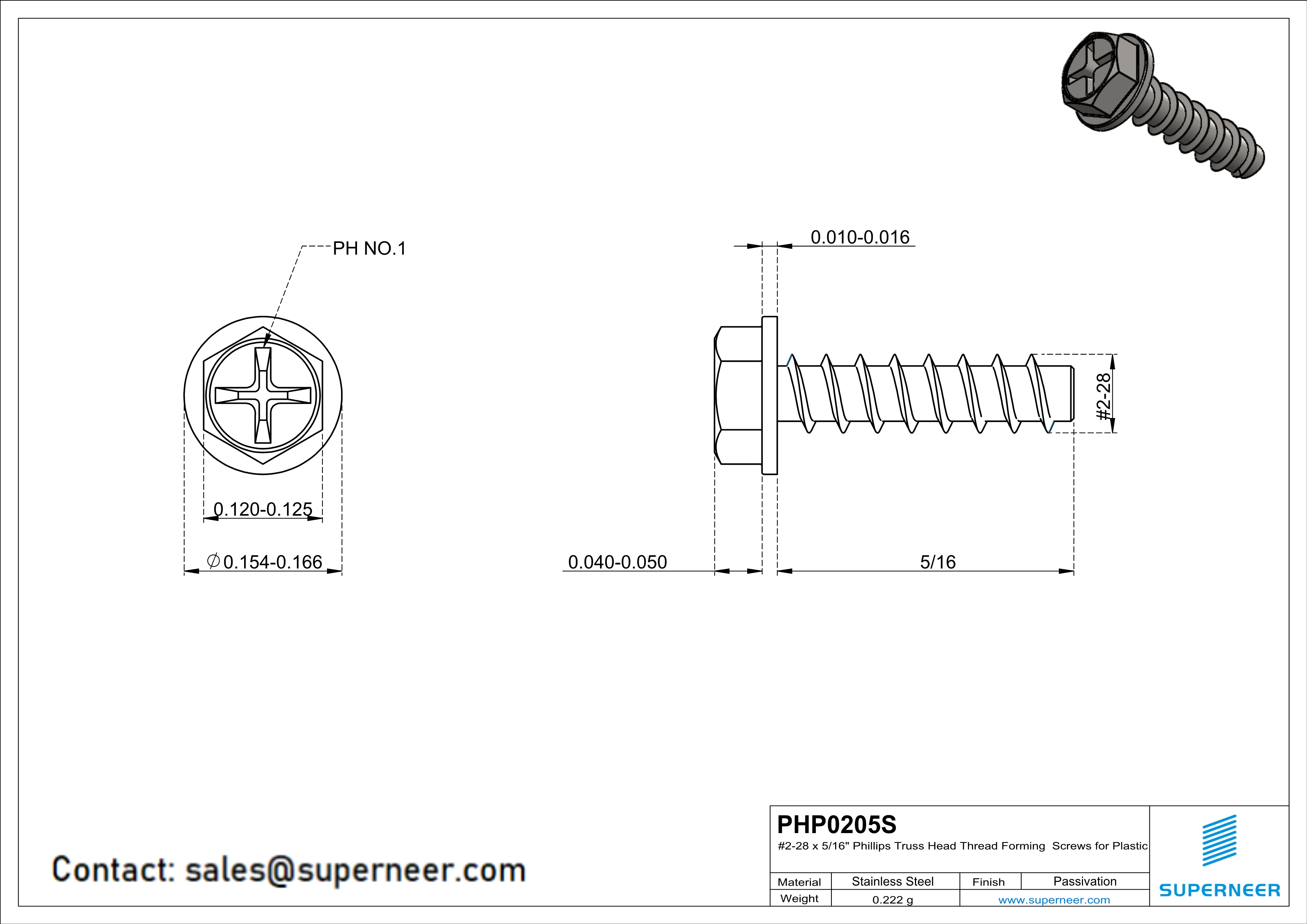 2 &times; 5/16" Hex Washer Head Phillips Thread Forming inch Screws for Plastic  SUS304 Stainless Steel Inox