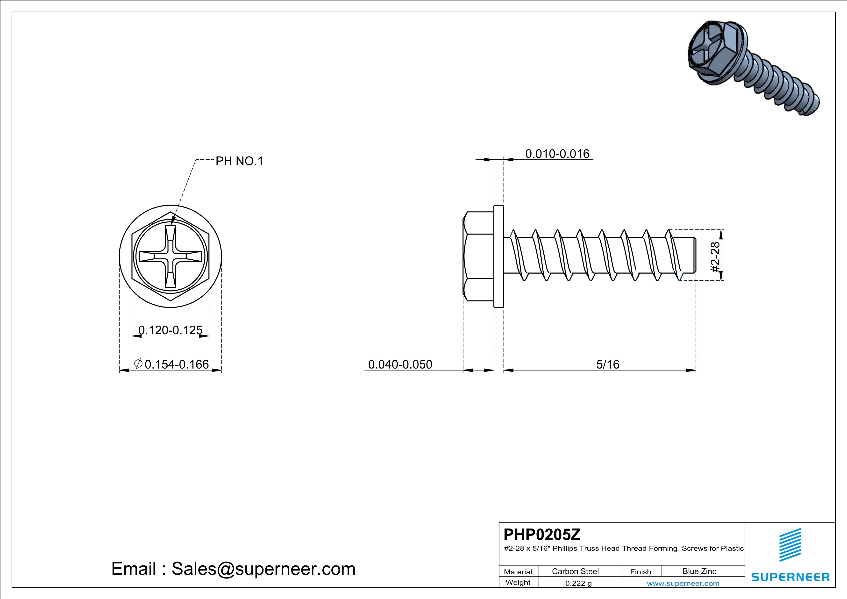 2 &times; 5/16" Hex Washer Head Phillips Thread Forming inch Screws for Plastic  Steel Blue Zinc Plated