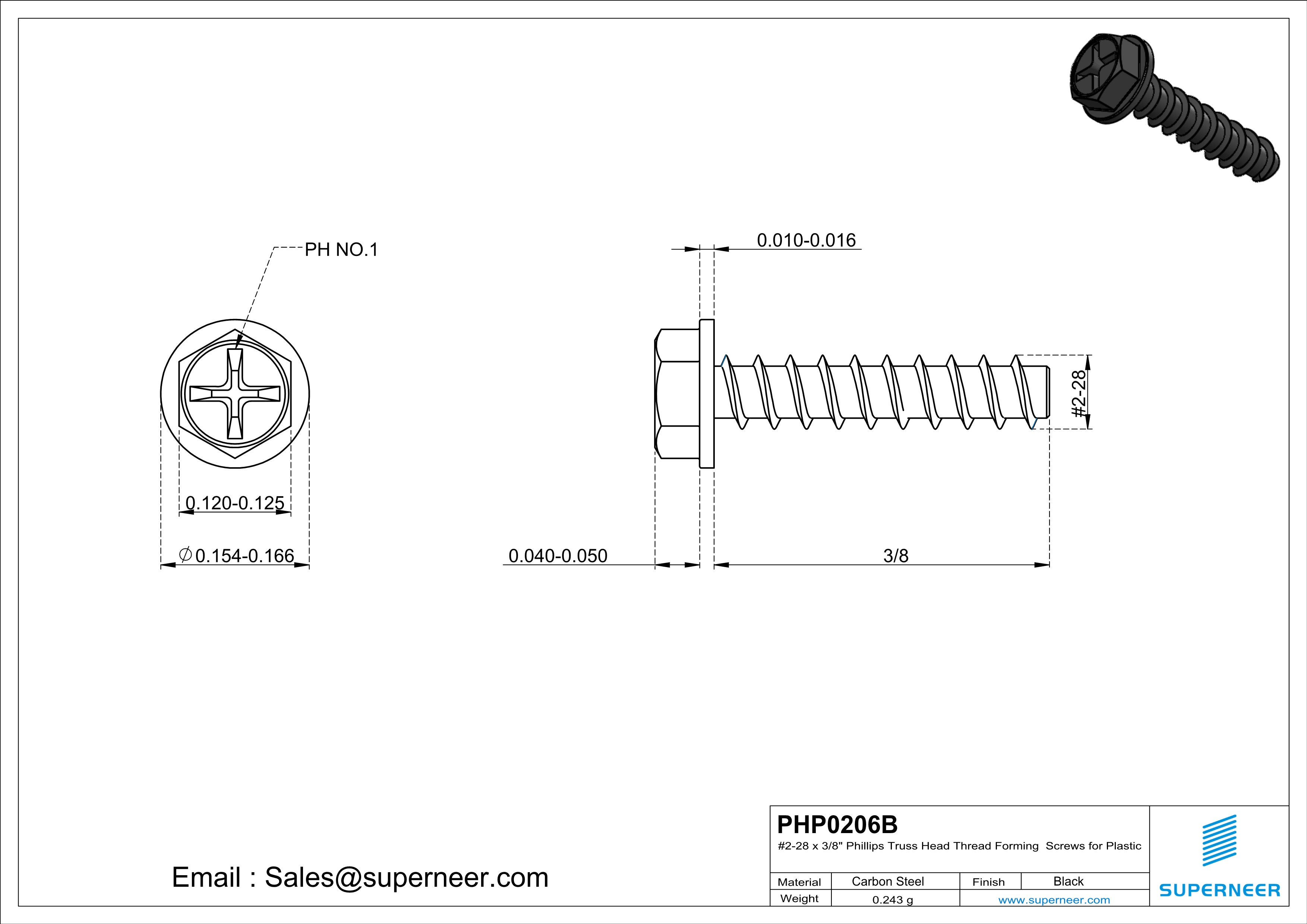 2 &times; 3/8" Hex Washer Head Phillips Thread Forming inch Screws for Plastic  Steel Black