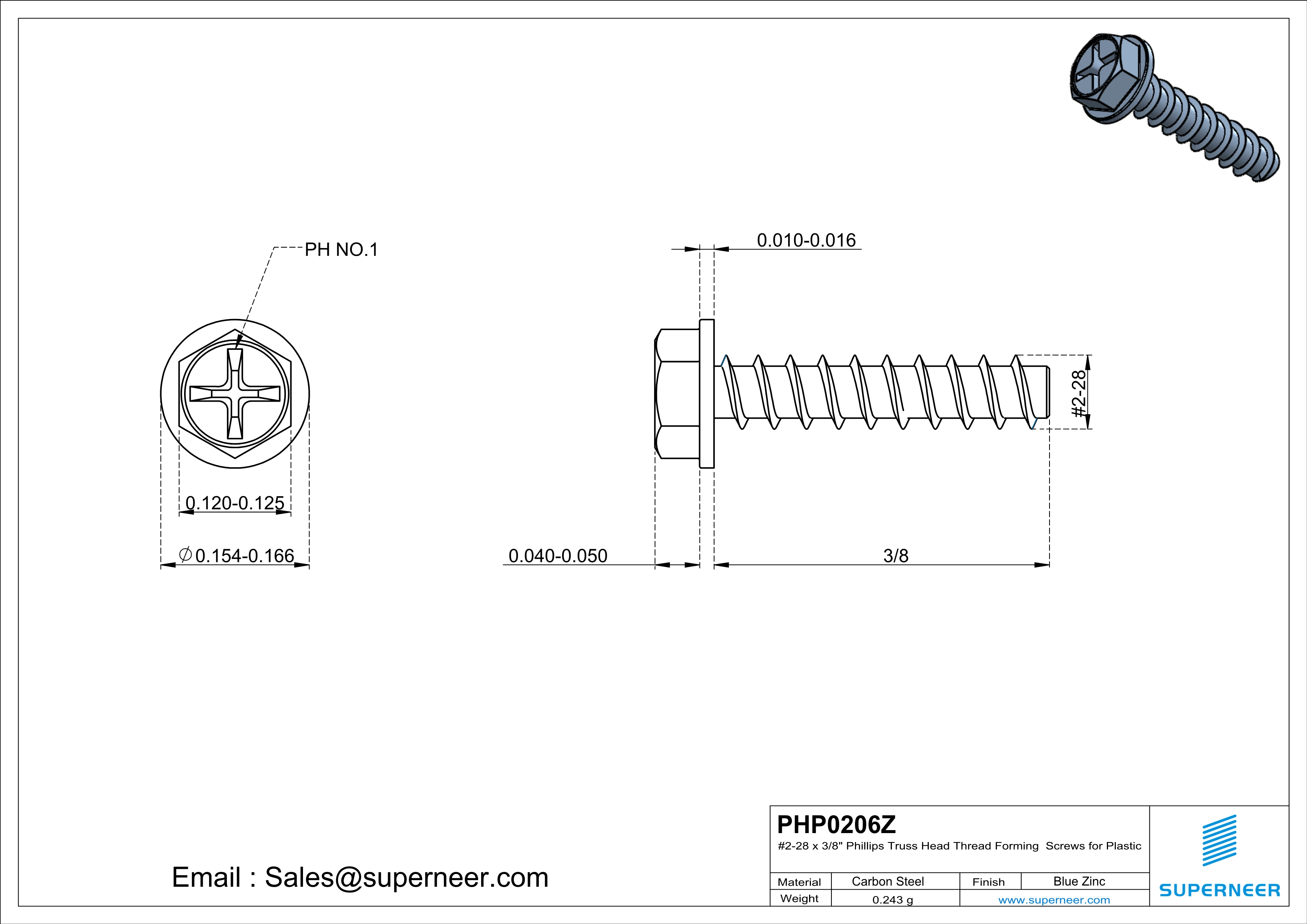 2 &times; 3/8" Hex Washer Head Phillips Thread Forming inch Screws for Plastic  Steel Blue Zinc Plated