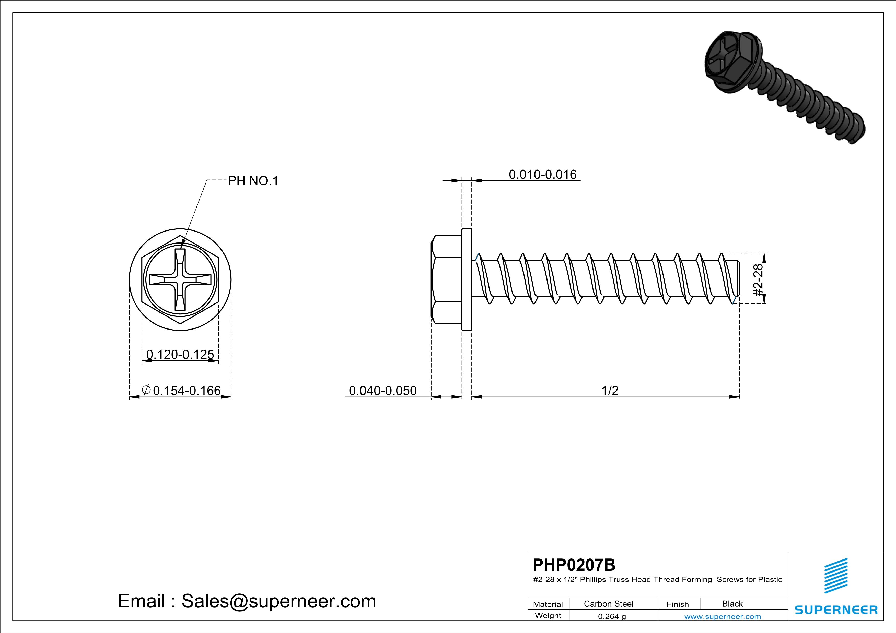 2 &times; 7/16" Hex Washer Head Phillips Thread Forming inch Screws for Plastic  Steel Black