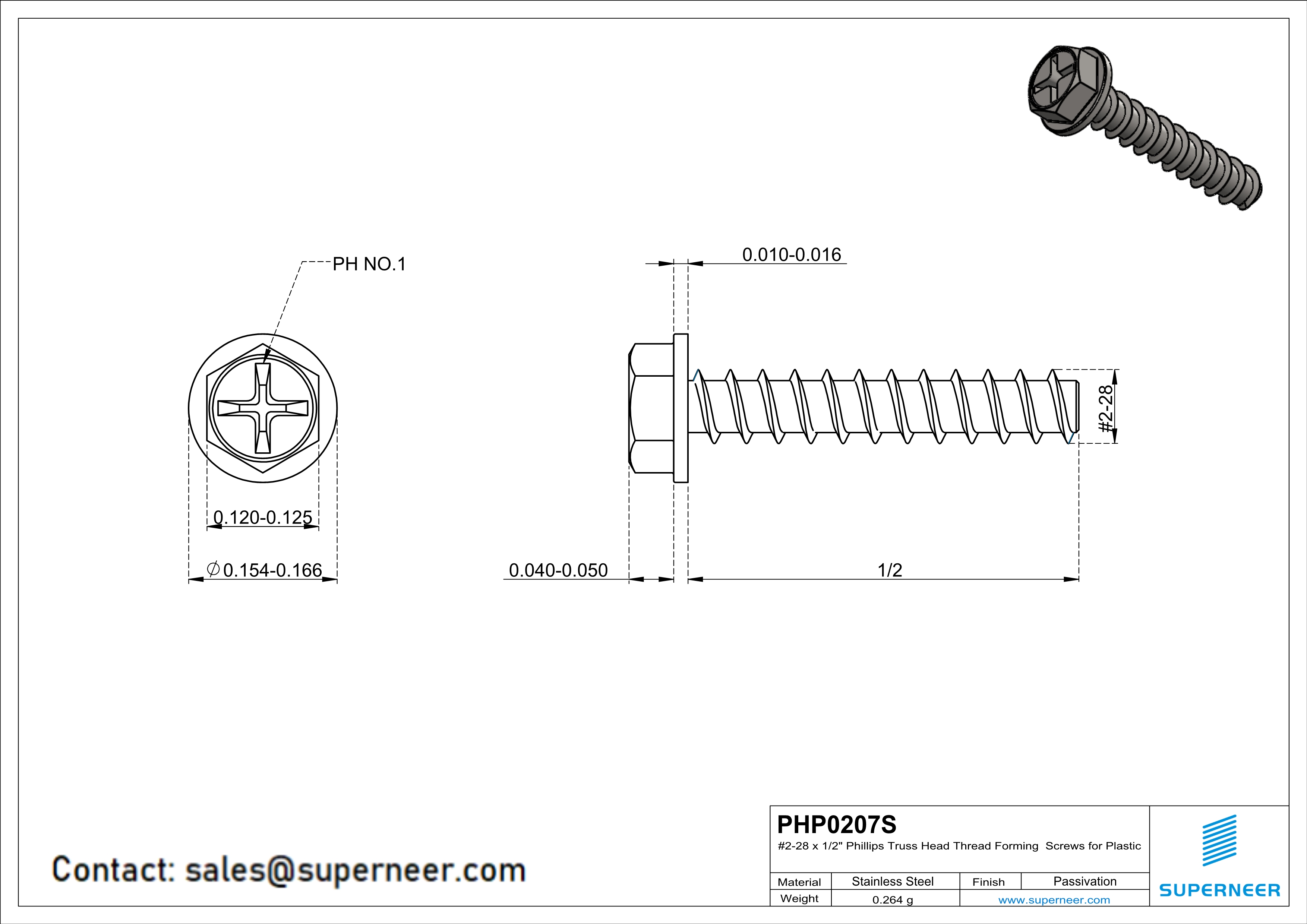 2 &times; 7/16" Hex Washer Head Phillips Thread Forming inch Screws for Plastic  SUS304 Stainless Steel Inox