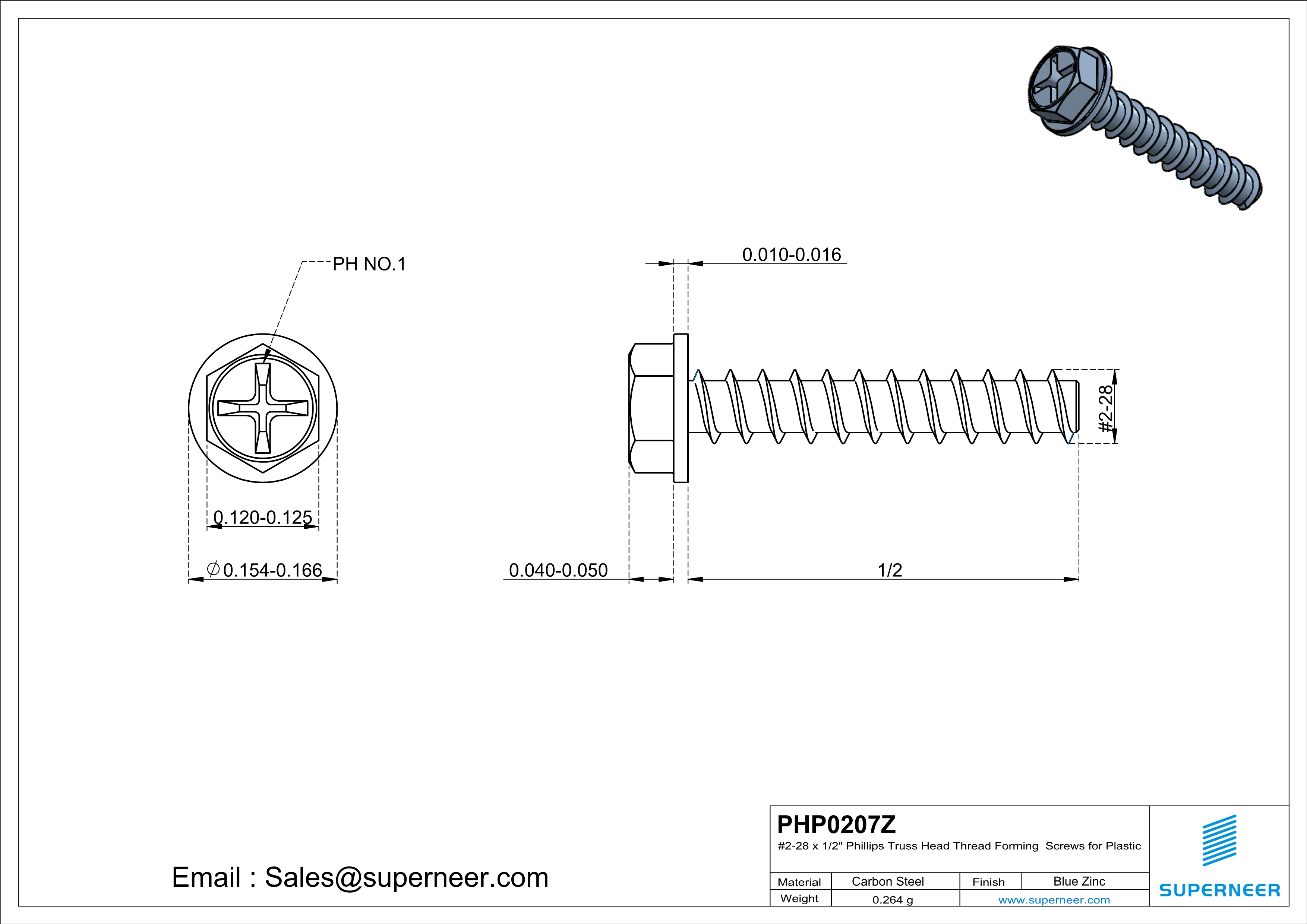 2 &times; 7/16" Hex Washer Head Phillips Thread Forming inch Screws for Plastic  Steel Blue Zinc Plated