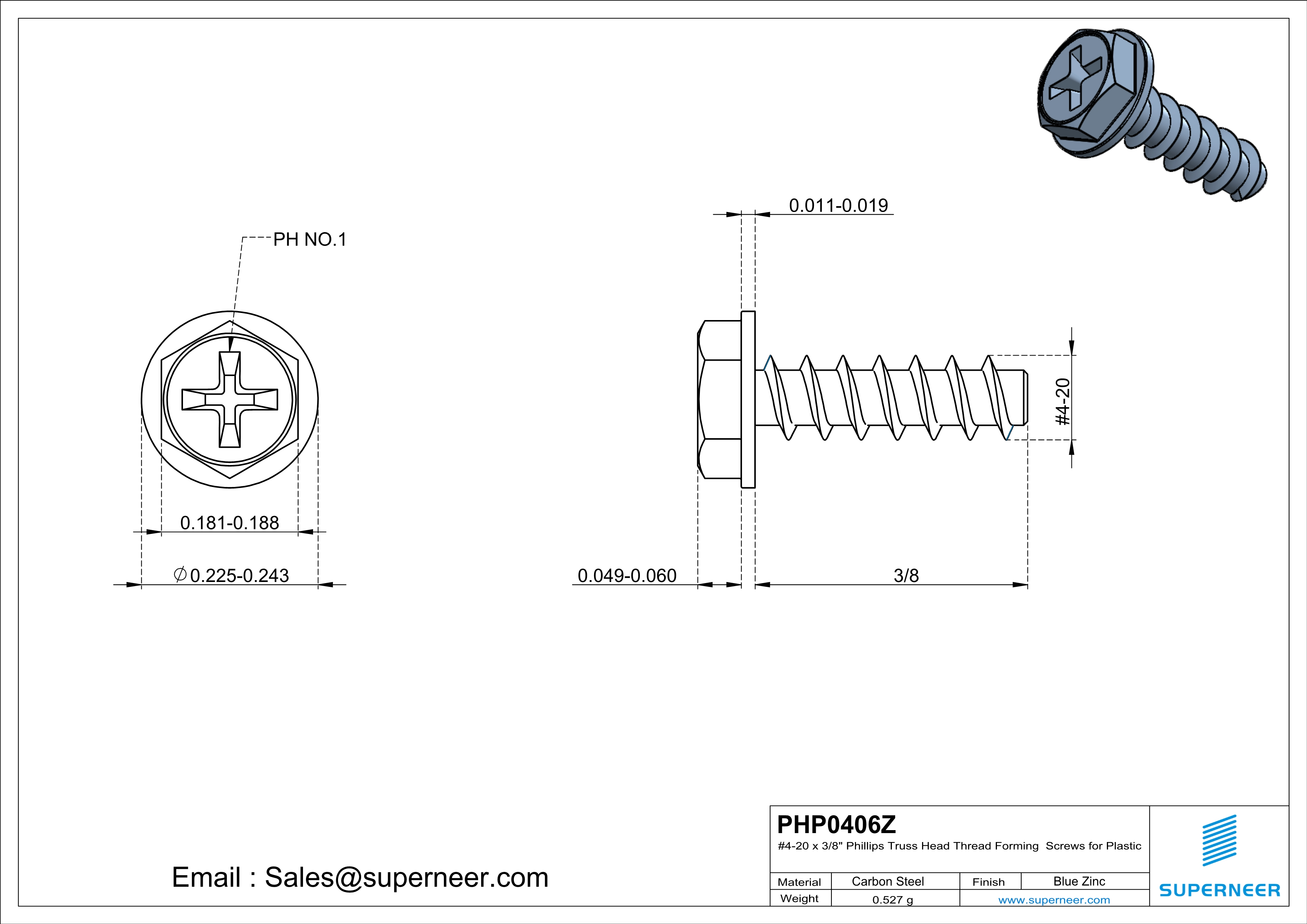 4 &times; 3/8" Hex Washer Head Phillips Thread Forming inch Screws for Plastic  Steel Blue Zinc Plated